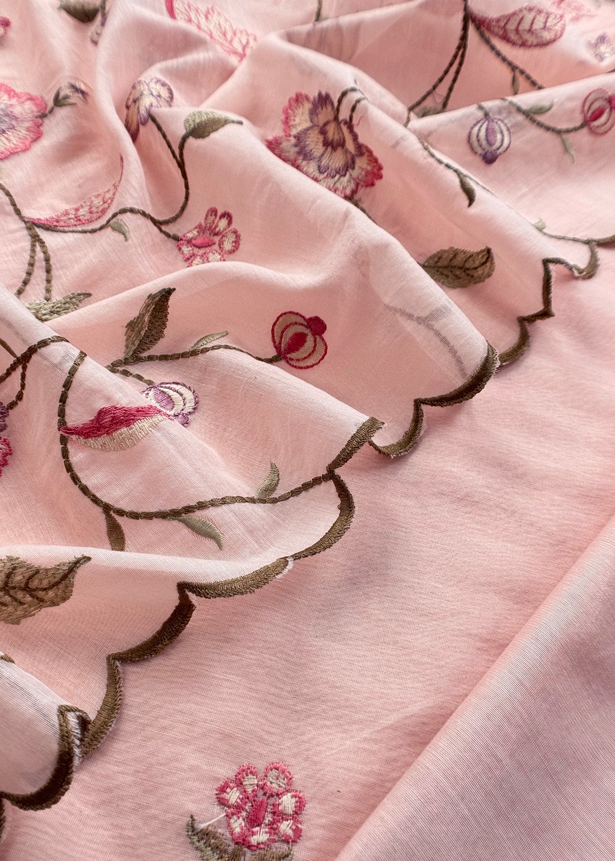 Peach Handloom Mulmul Suit With Floral Embroidery Dupatta