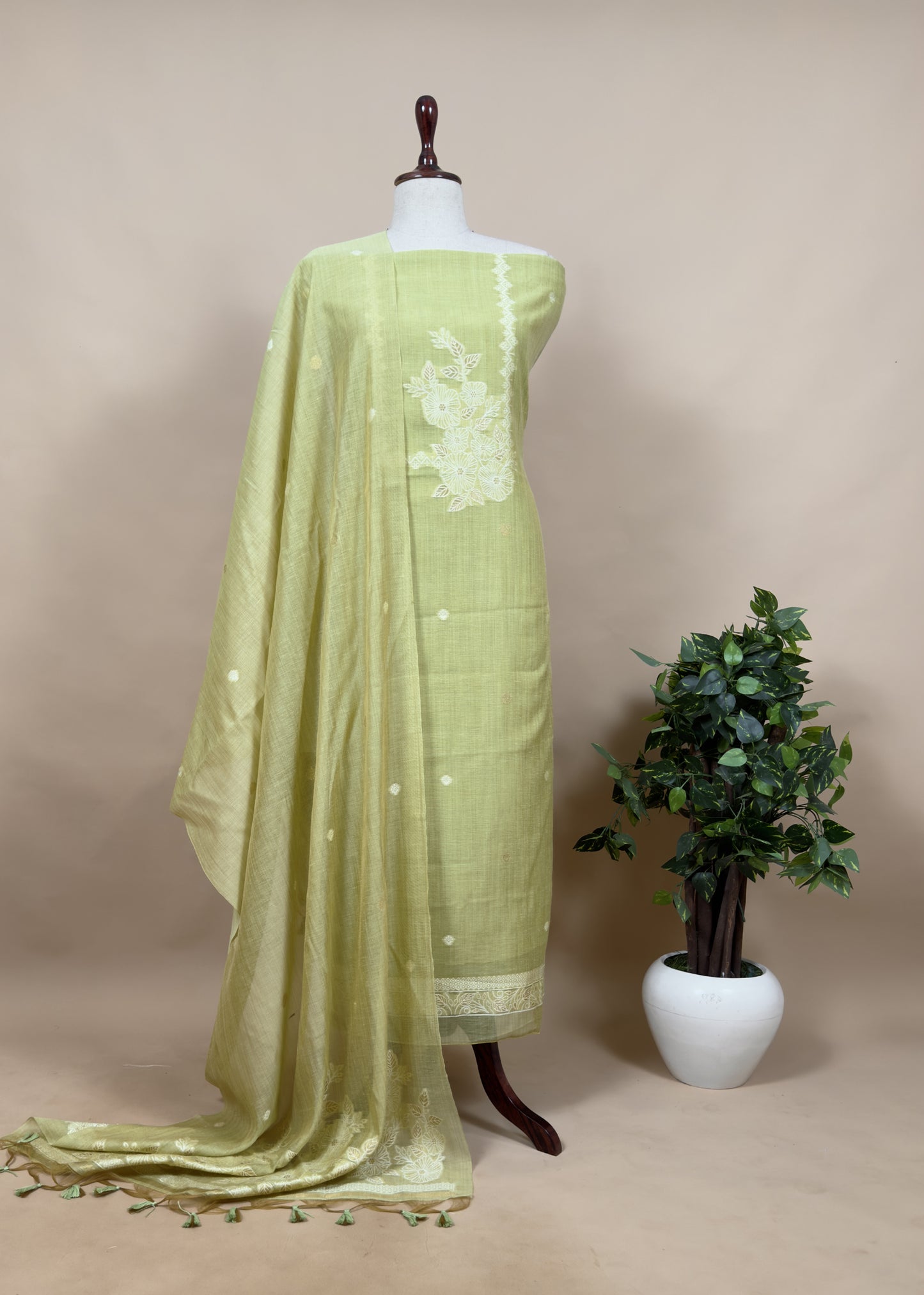 Light Green Jamdani Weaved Suit Fabric In Linen Chanderi
