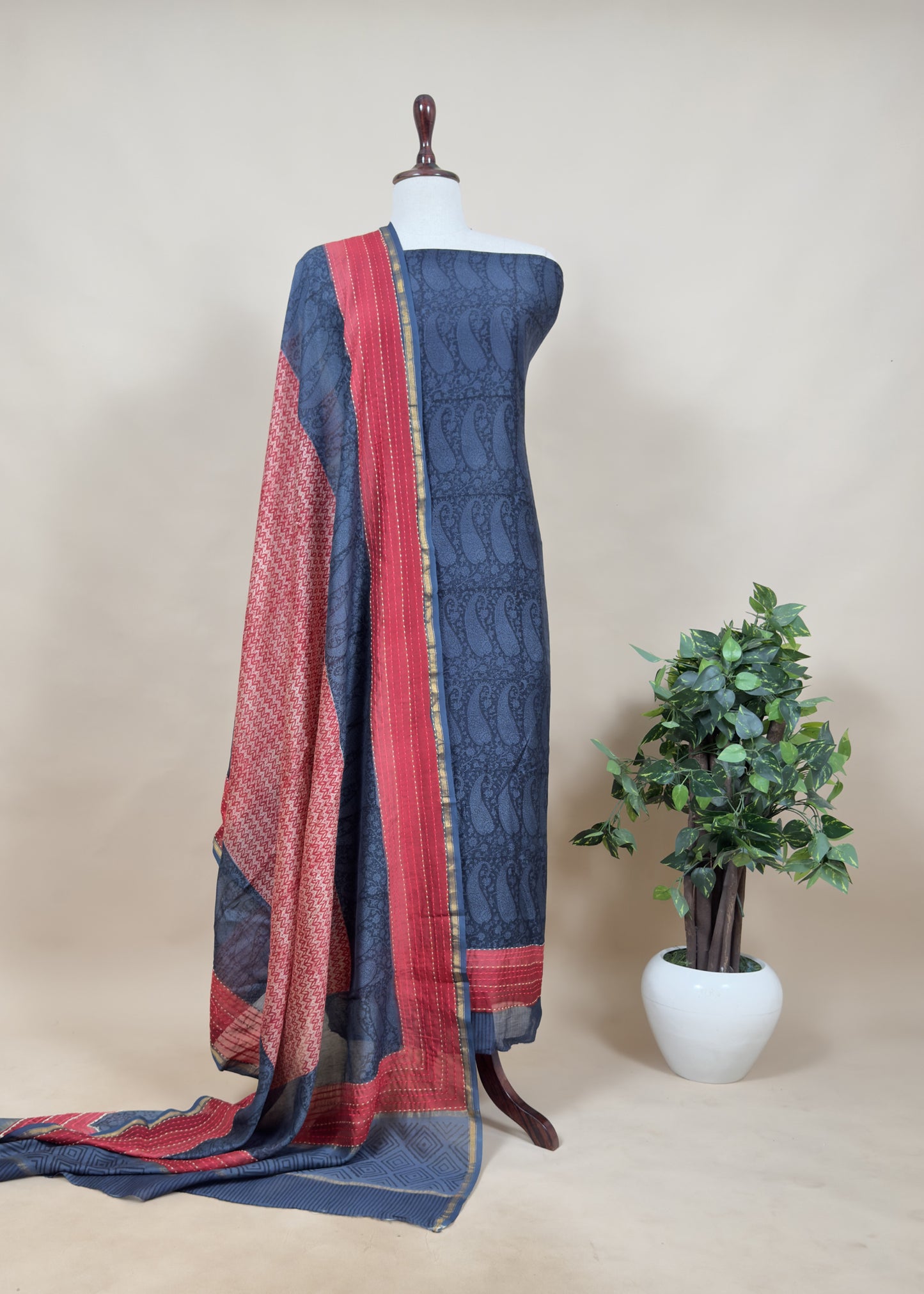 Brownish Orange Pure Maheshwari Unstitched Suit With Kantha Work