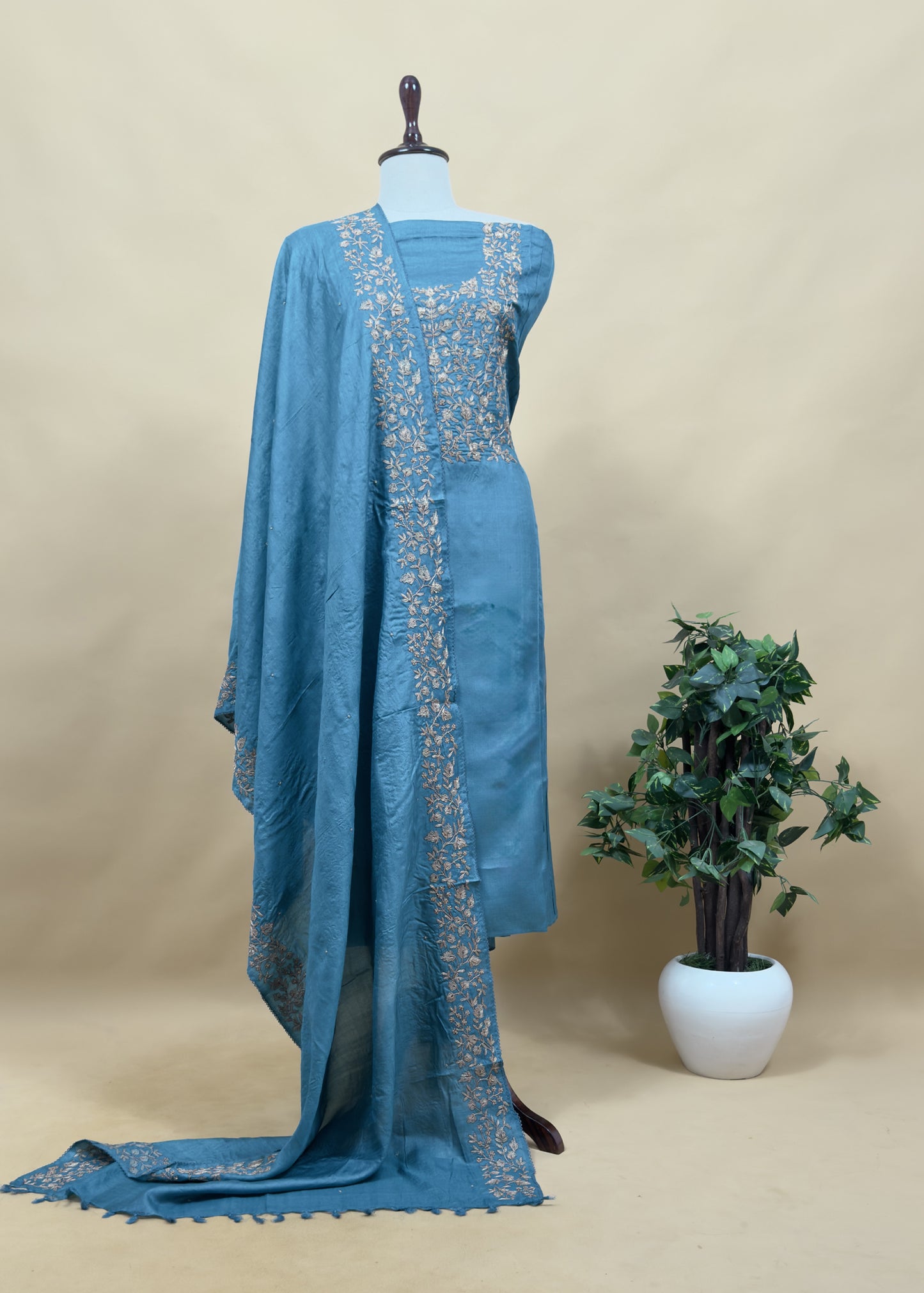 Pink Pure Tussar Unstitched Suit With Aari Embroidery