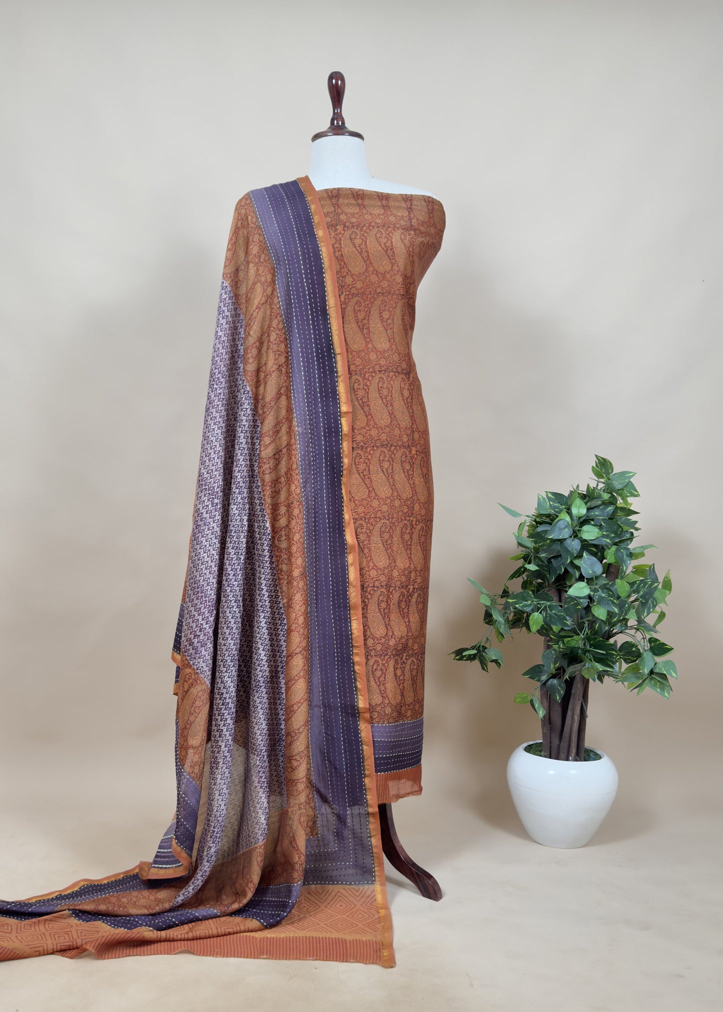 Brownish Orange Pure Maheshwari Unstitched Suit With Kantha Work