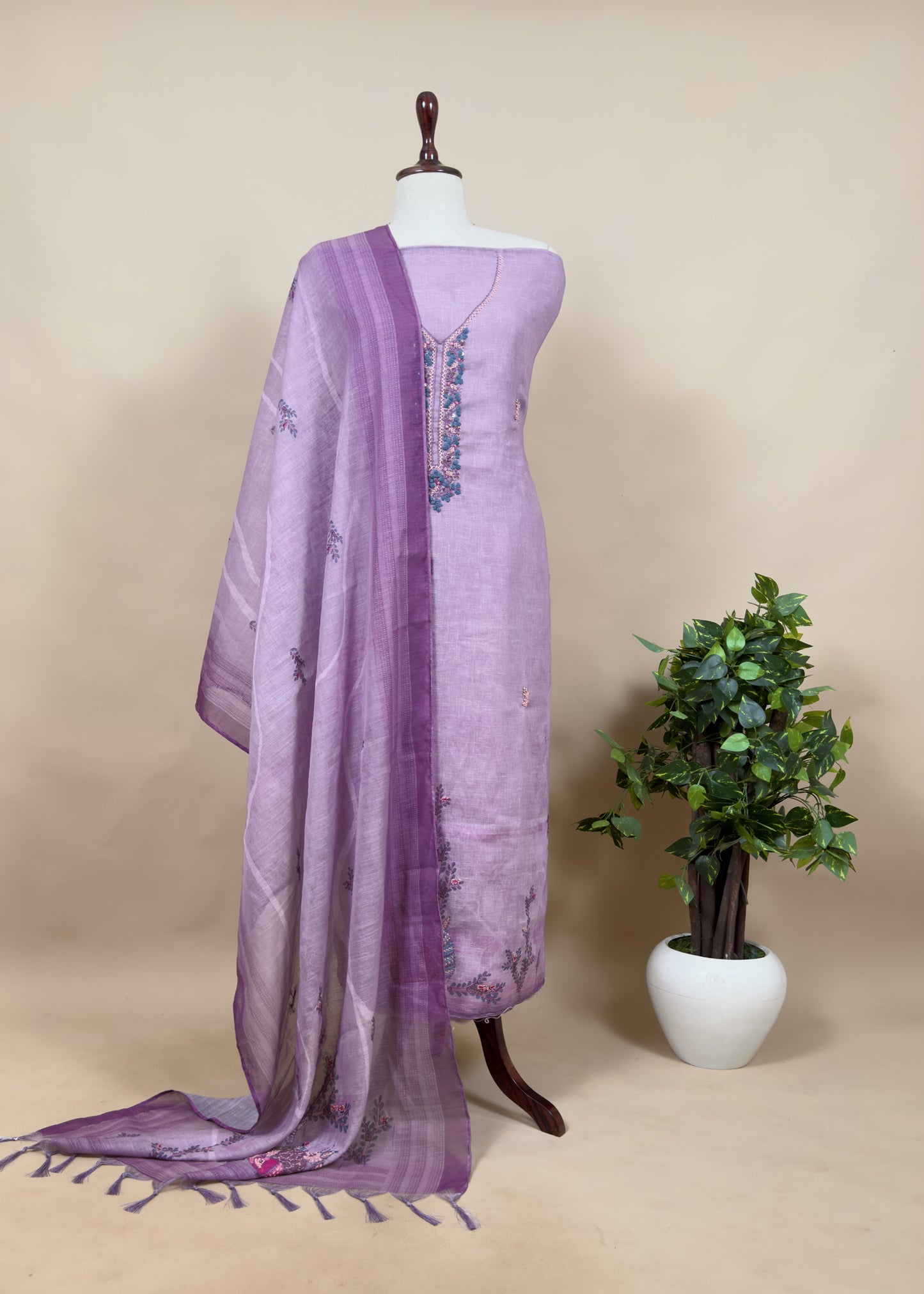 Blue Hand Embroidered Chidiya Unstitched Suit in Chanderi Blend fabric