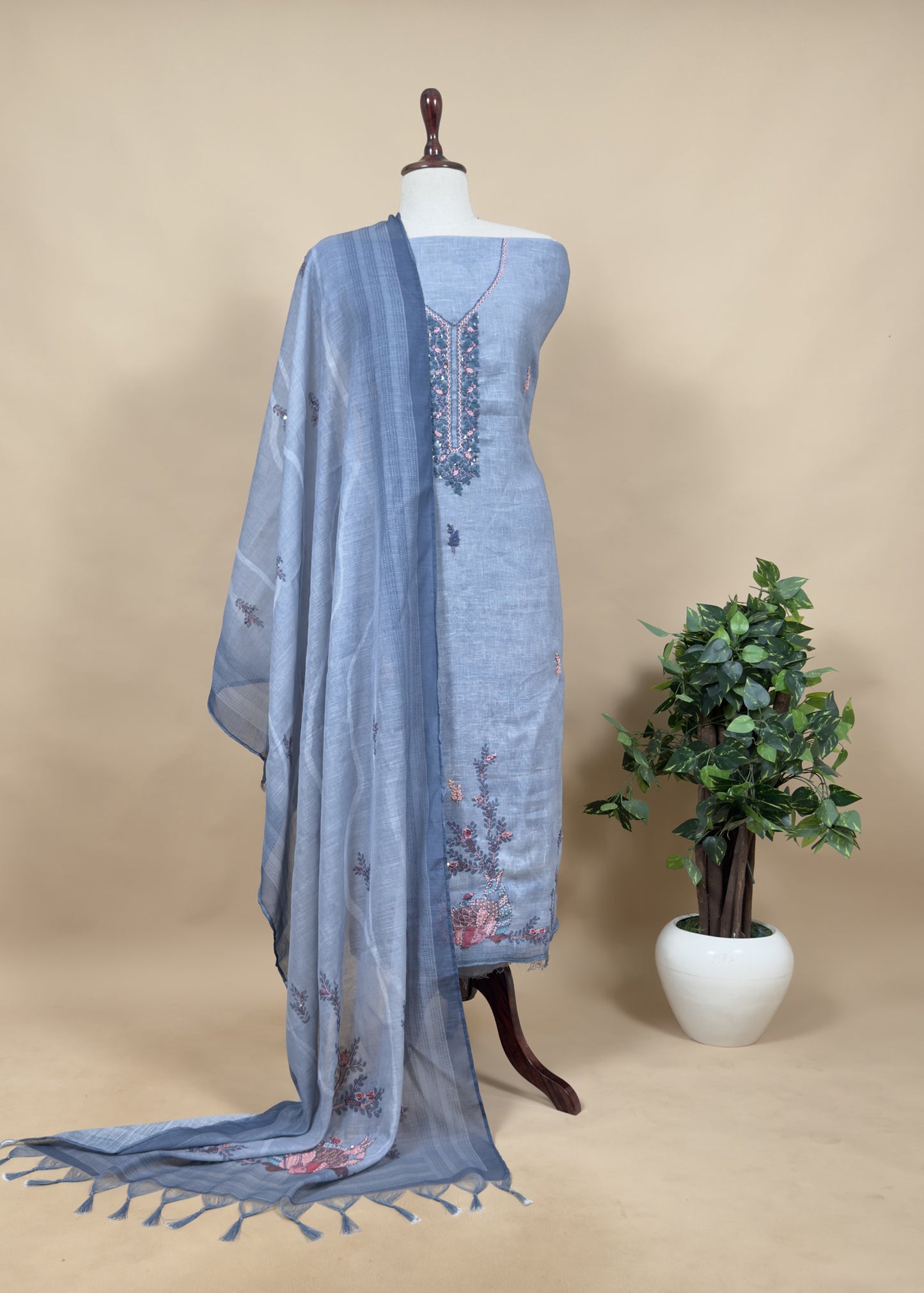 Blue Hand Embroidered Chidiya Unstitched Suit in Chanderi Blend fabric