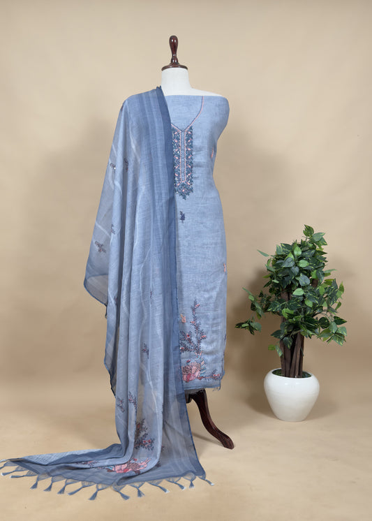 Blue Hand Embroidered Chidiya Unstitched Suit in Chanderi Blend fabric