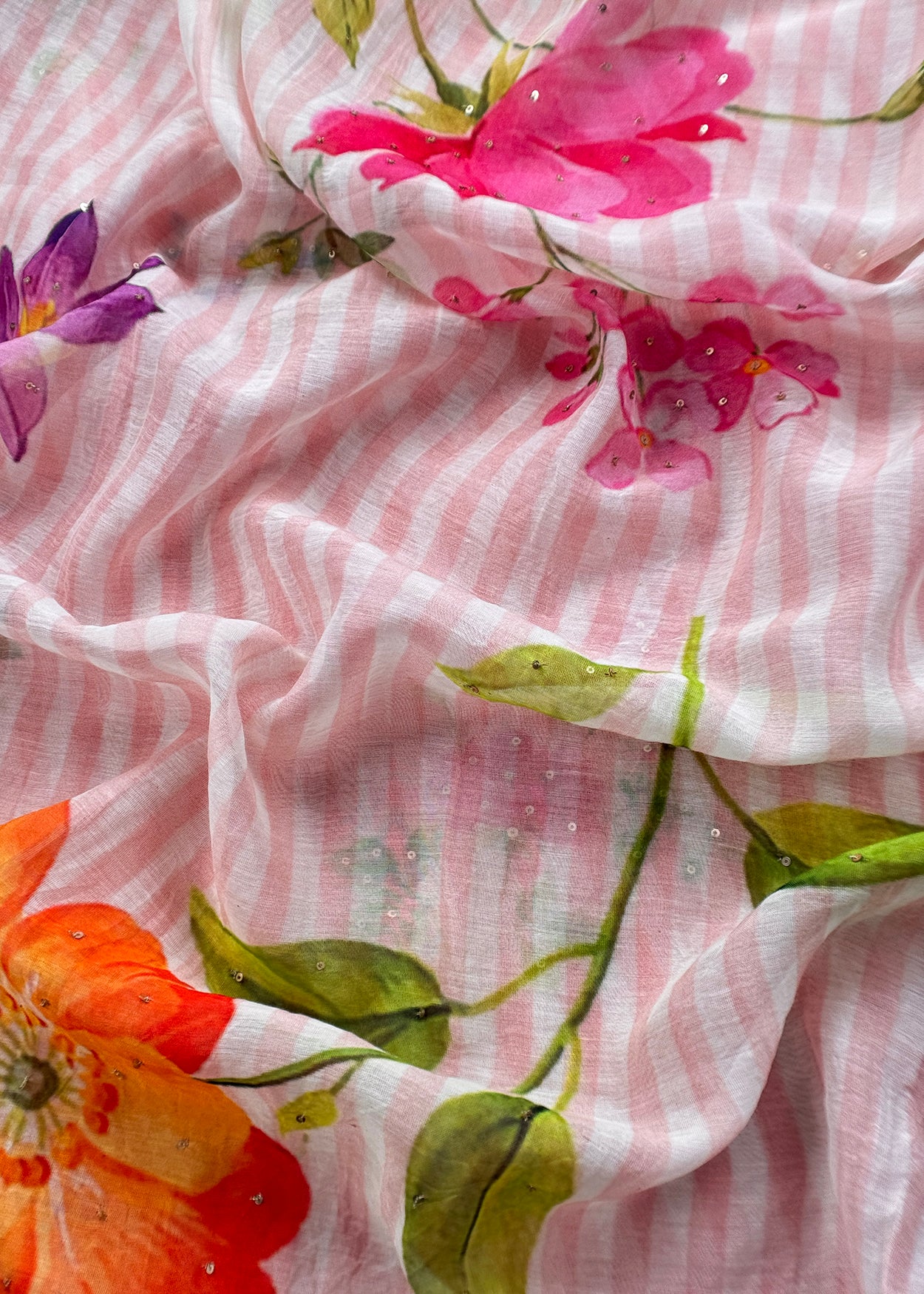 Pink Unstitched Pure Mulmul Suit Floral Print With Hand Work