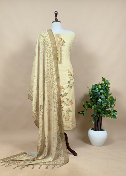 Light Yellow Hand Embroidered Chidiya Unstitched Suit In Chanderi Blend Fabric