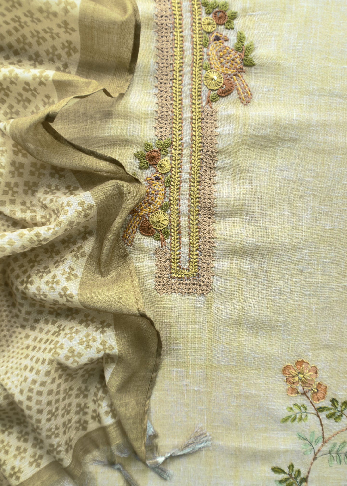 Light Yellow Hand Embroidered Chidiya Unstitched Suit In Chanderi Blend Fabric