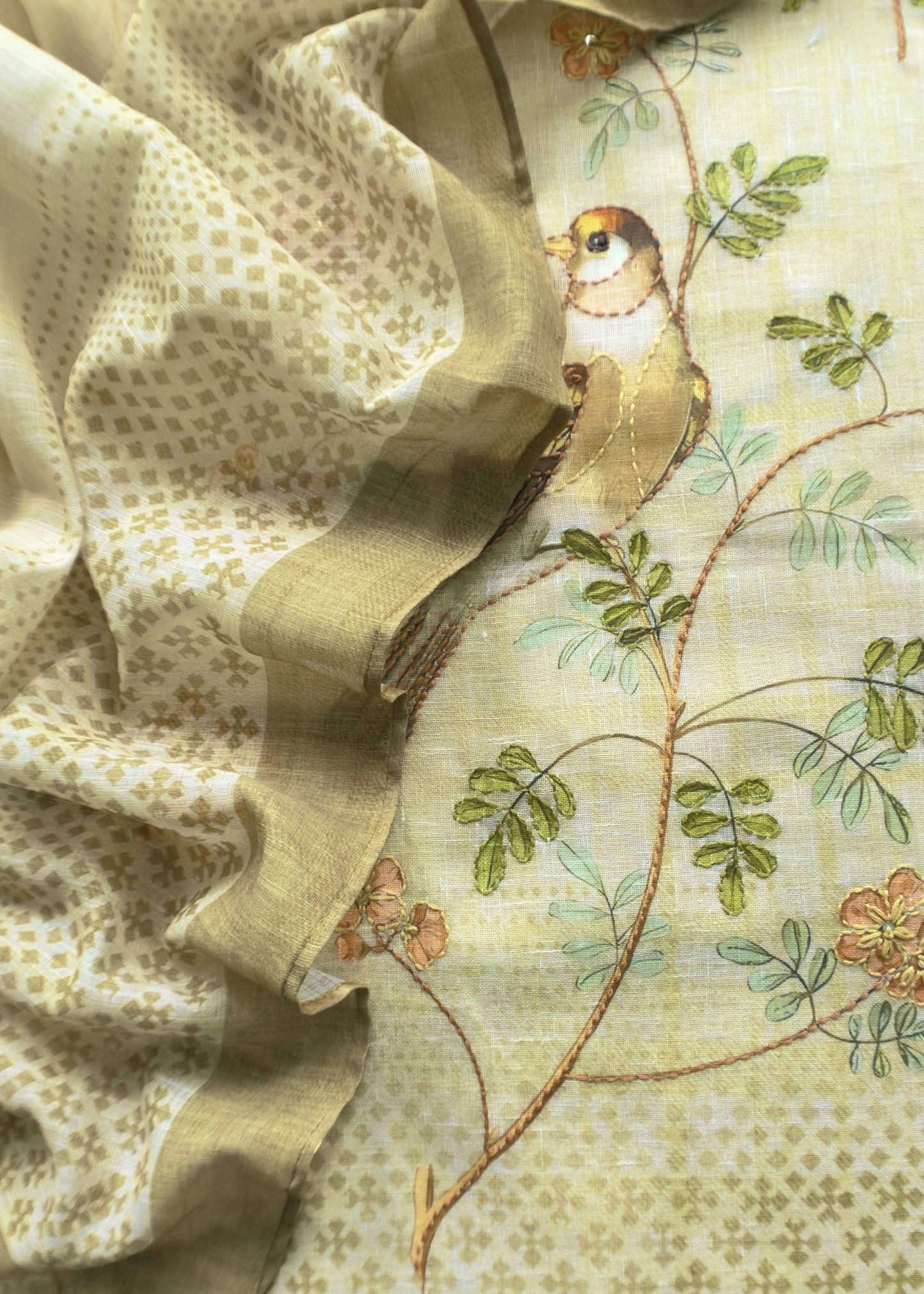 Light Yellow Hand Embroidered Chidiya Unstitched Suit In Chanderi Blend Fabric