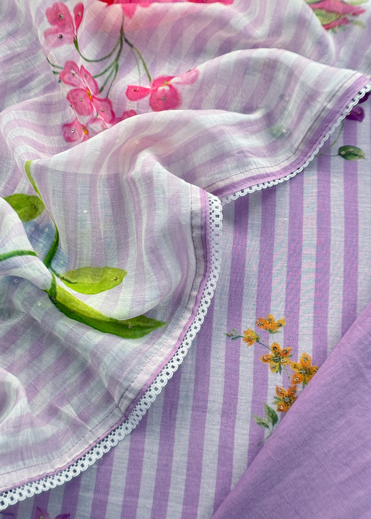 Purple Unstitched Pure Mulmul Suit Floral Print With Hand Work