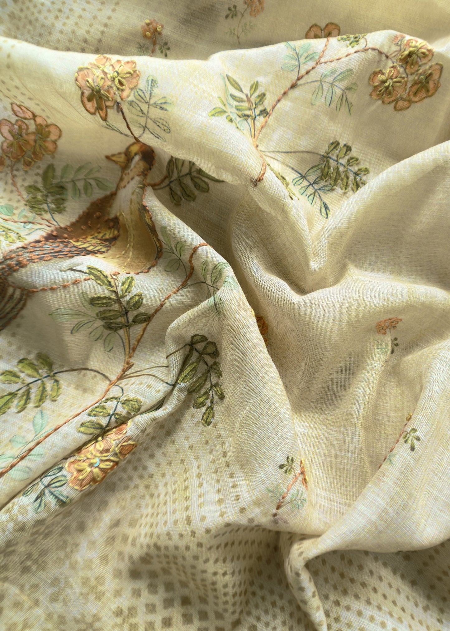 Light Yellow Hand Embroidered Chidiya Unstitched Suit In Chanderi Blend Fabric