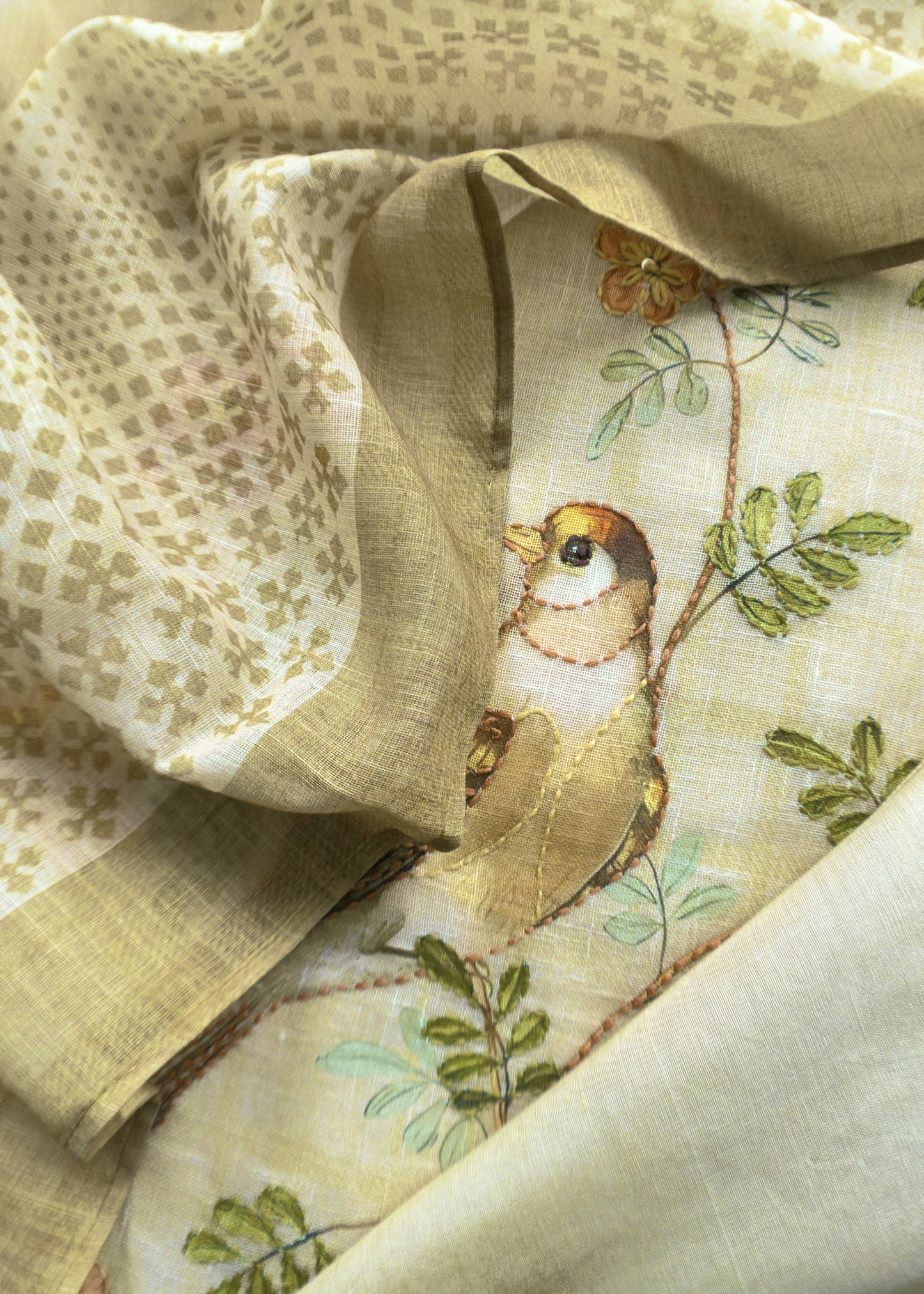 Light Yellow Hand Embroidered Chidiya Unstitched Suit In Chanderi Blend Fabric