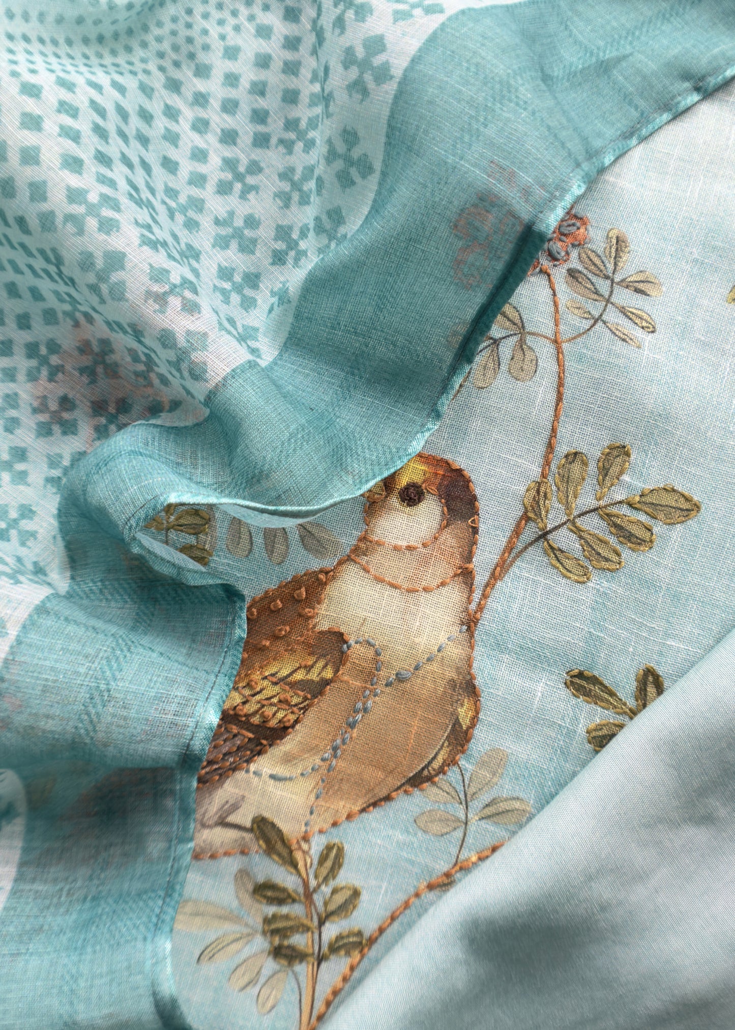 Baby Blue Hand Embroidered Chidiya Unstitched Suit In Chanderi Blend Fabric