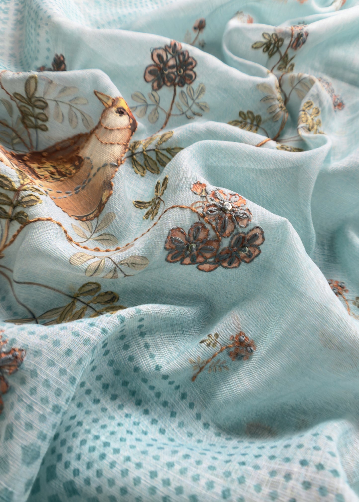 Baby Blue Hand Embroidered Chidiya Unstitched Suit In Chanderi Blend Fabric