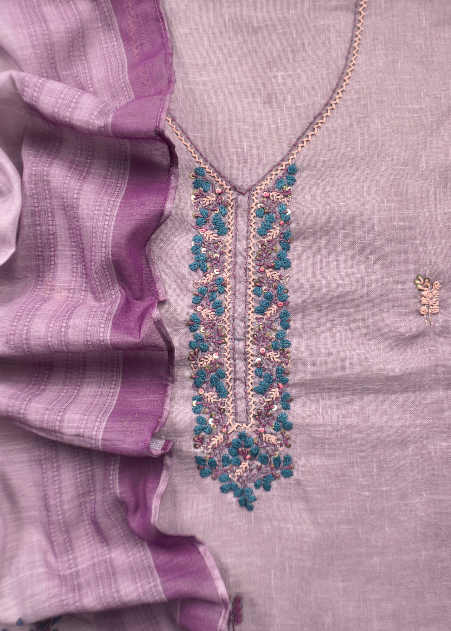 Lilac Hand Embroidered Chidiya Unstitched Suit in Chanderi Blend fabric