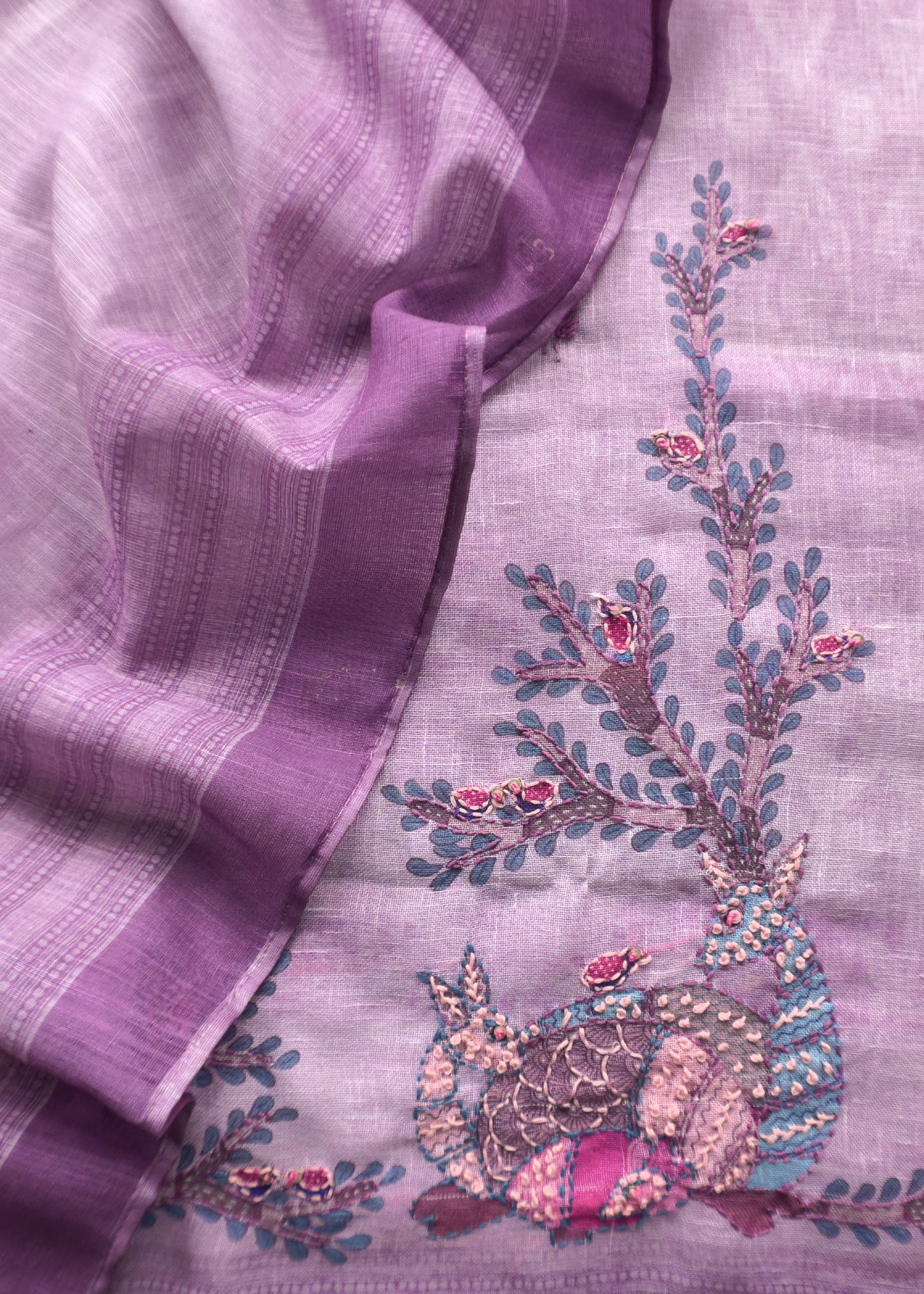 Lilac Hand Embroidered Chidiya Unstitched Suit in Chanderi Blend fabric