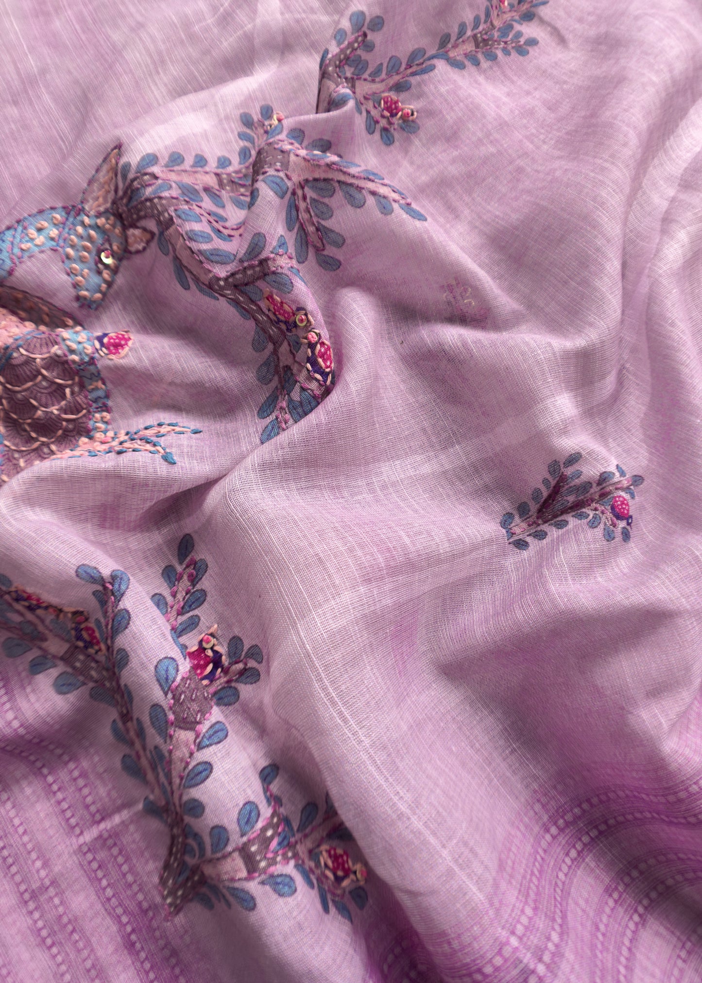 Lilac Hand Embroidered Chidiya Unstitched Suit in Chanderi Blend fabric