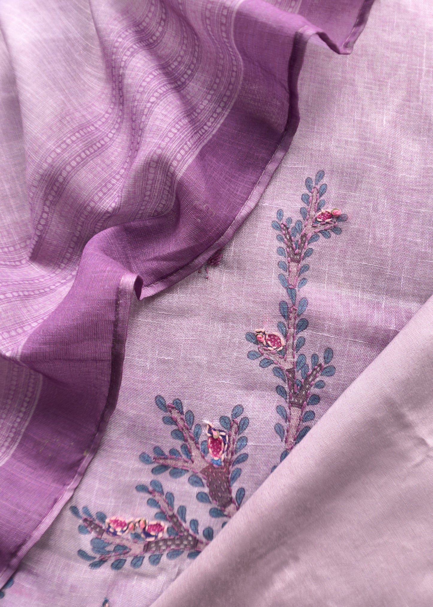 Lilac Hand Embroidered Chidiya Unstitched Suit in Chanderi Blend fabric
