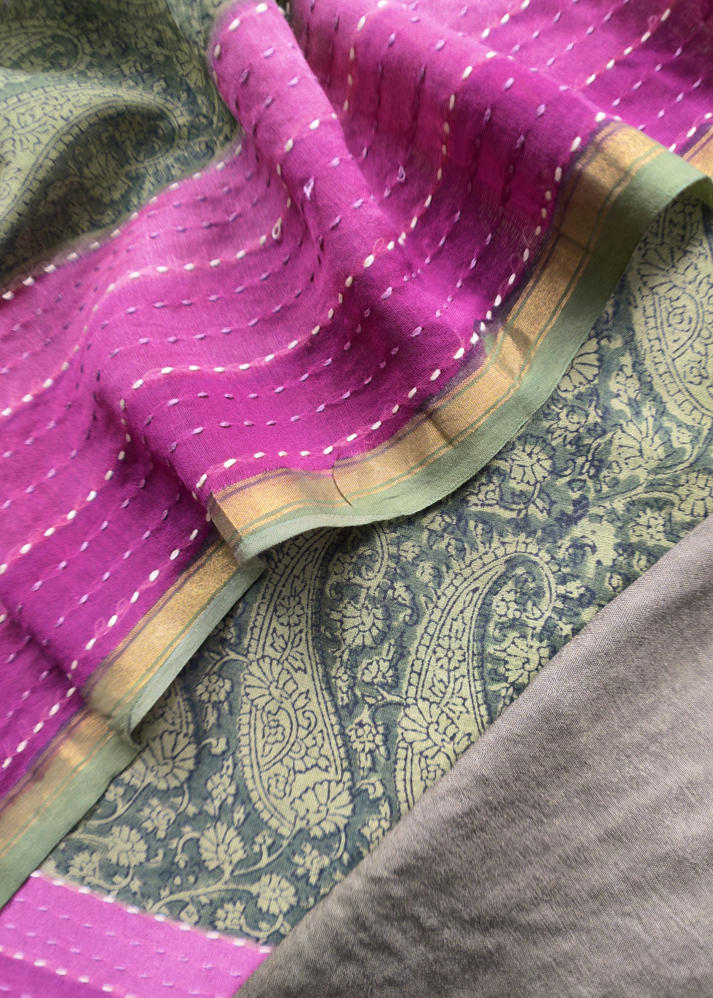 Green Pure Maheshwari Unstitched Suit With Kantha Work