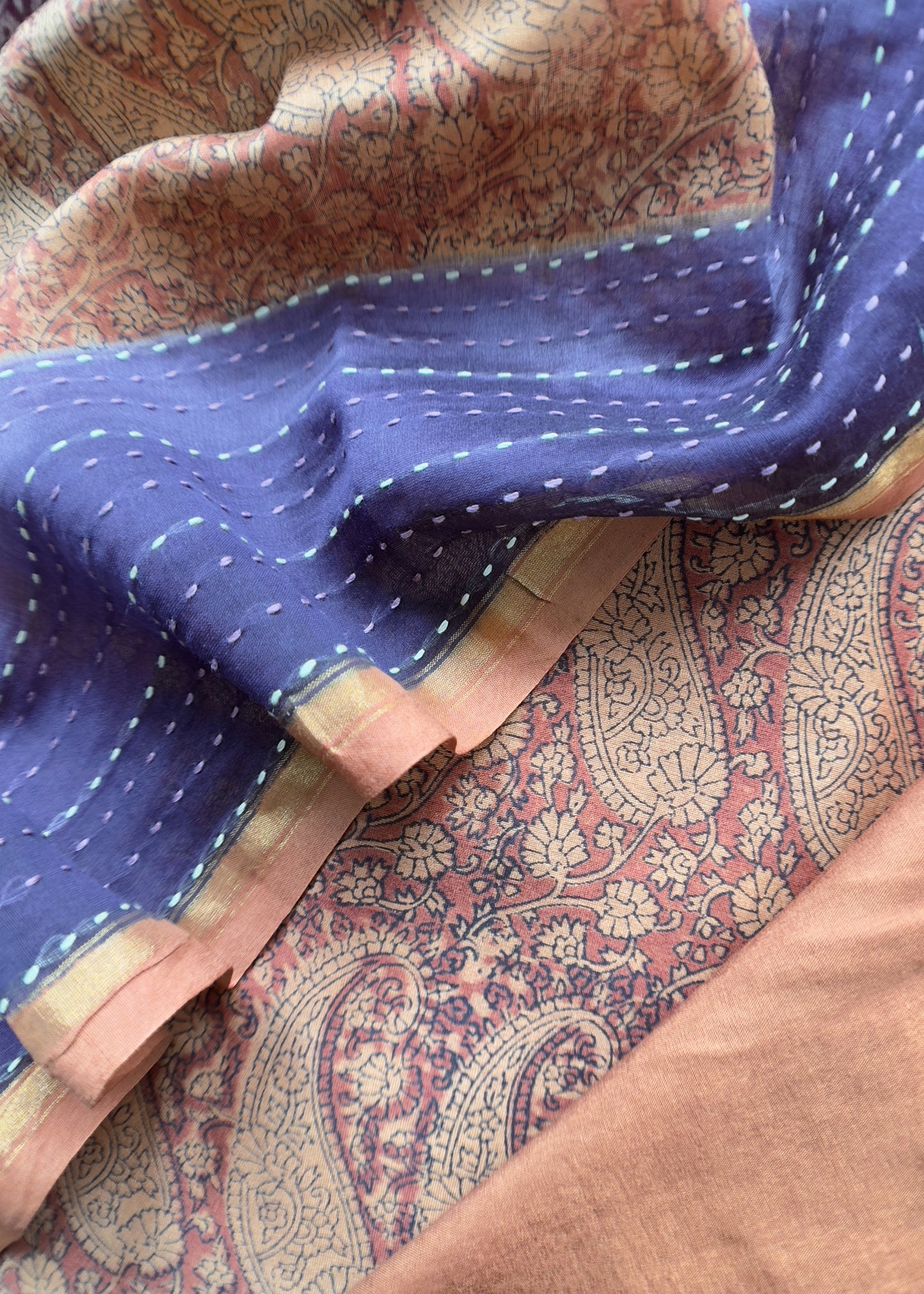 Brownish Orange Pure Maheshwari Unstitched Suit With Kantha Work
