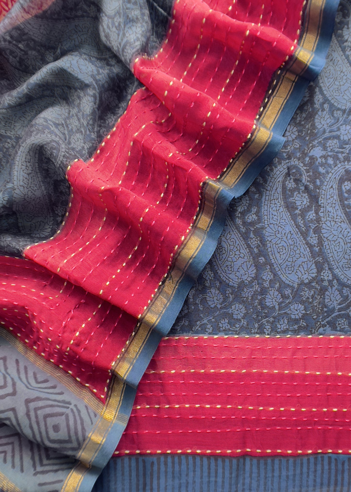 Blue Pure Maheshwari Unstitched Suit With Kantha Work