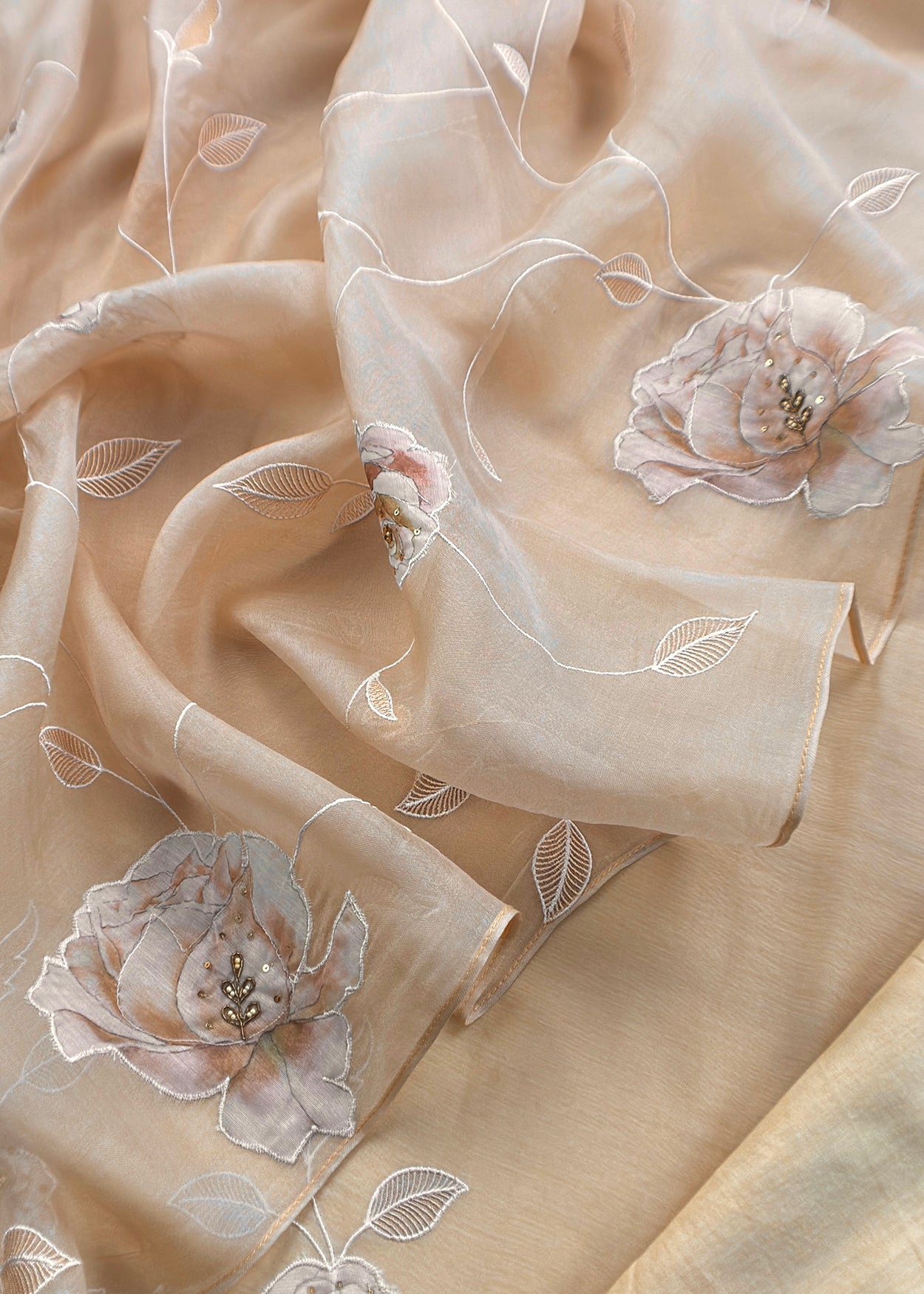 Beige Mulmul Suit With Beautiful Floral Appliqué Work