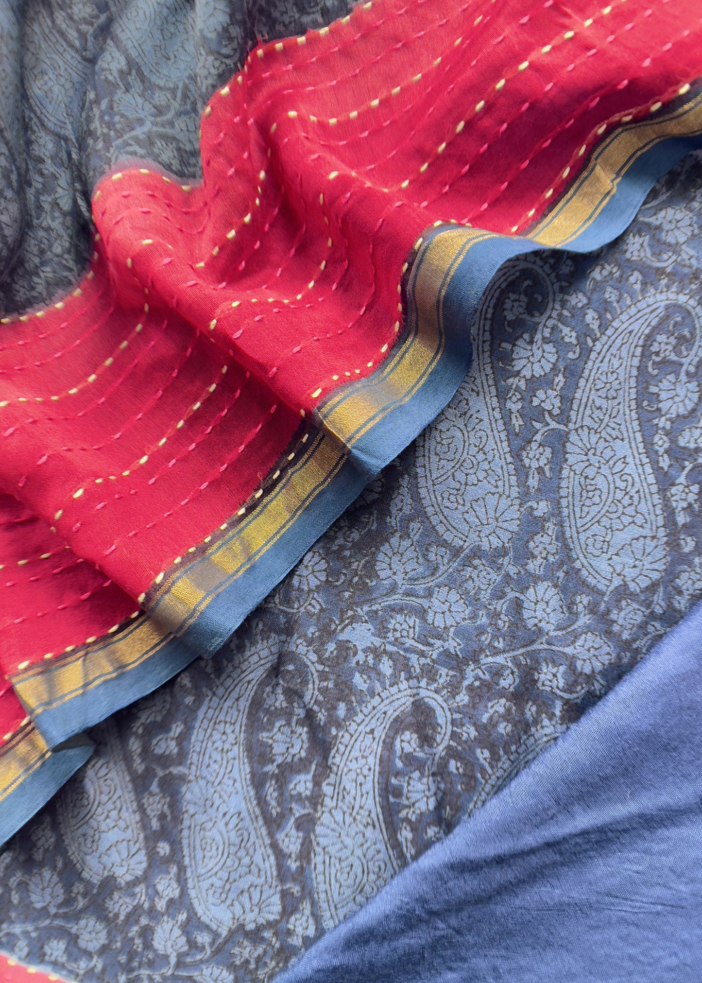Blue Pure Maheshwari Unstitched Suit With Kantha Work