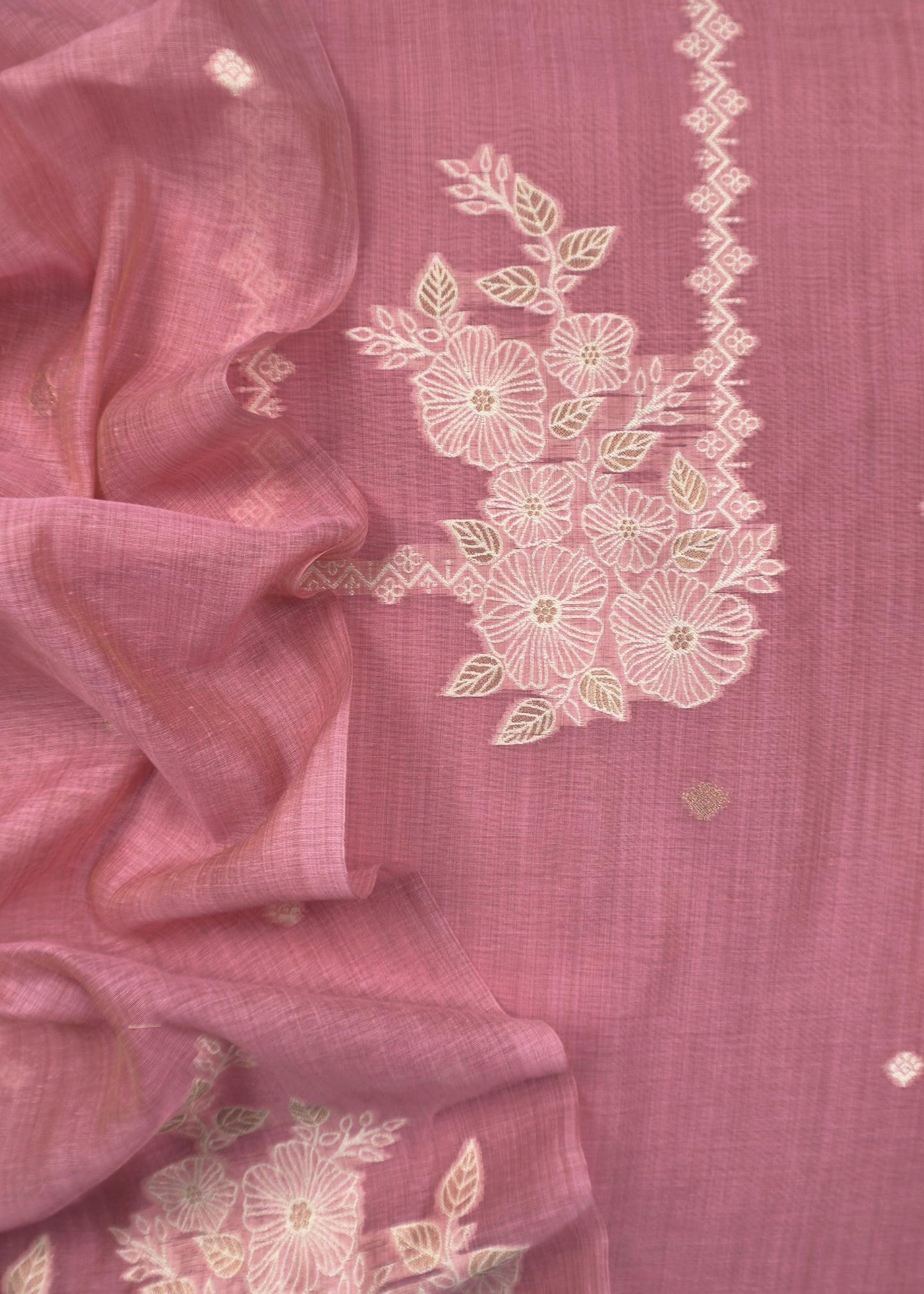 Salmon Pink Jamdani Weaved Suit Fabric In Linen Chanderi