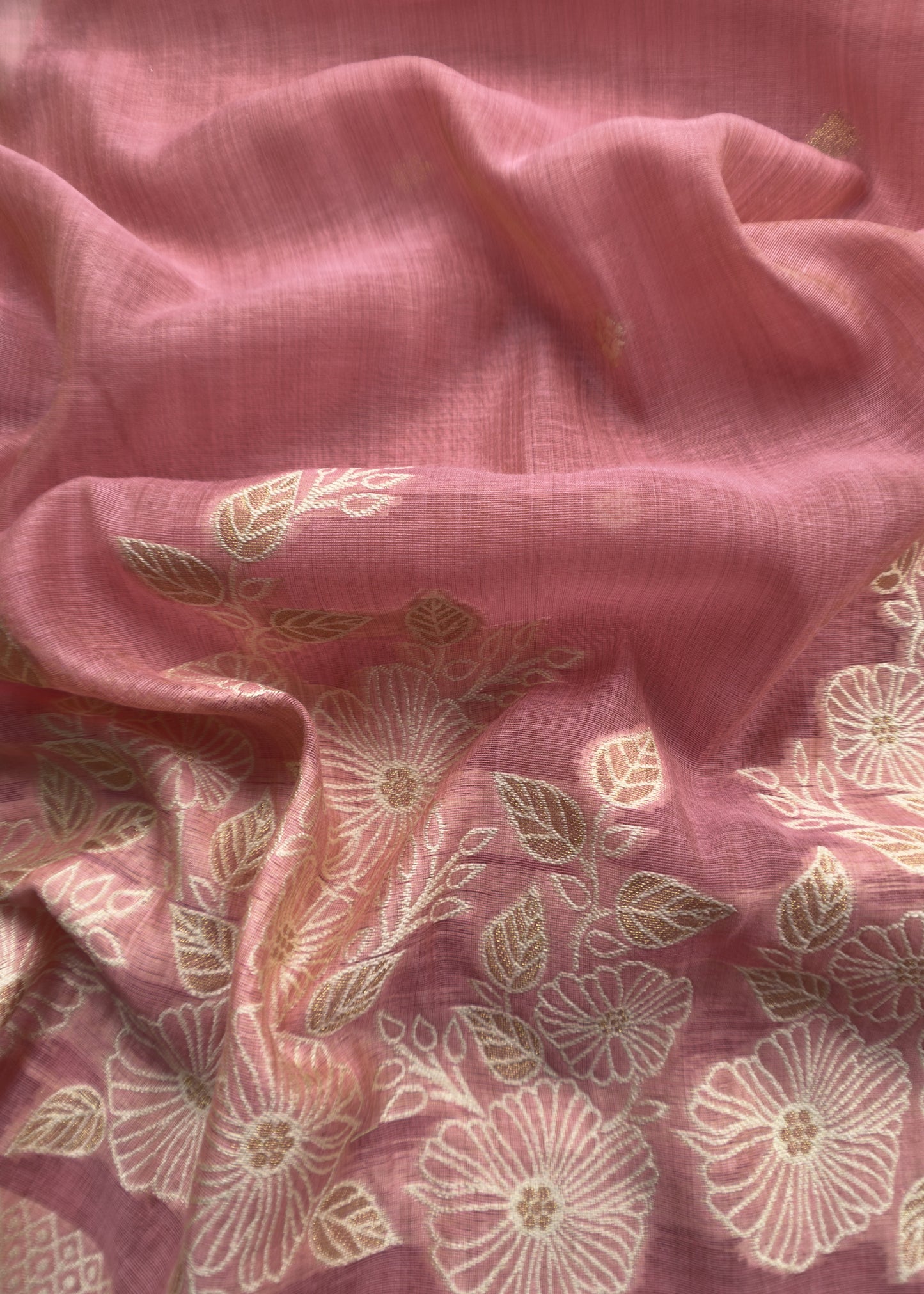 Salmon Pink Jamdani Weaved Suit Fabric In Linen Chanderi