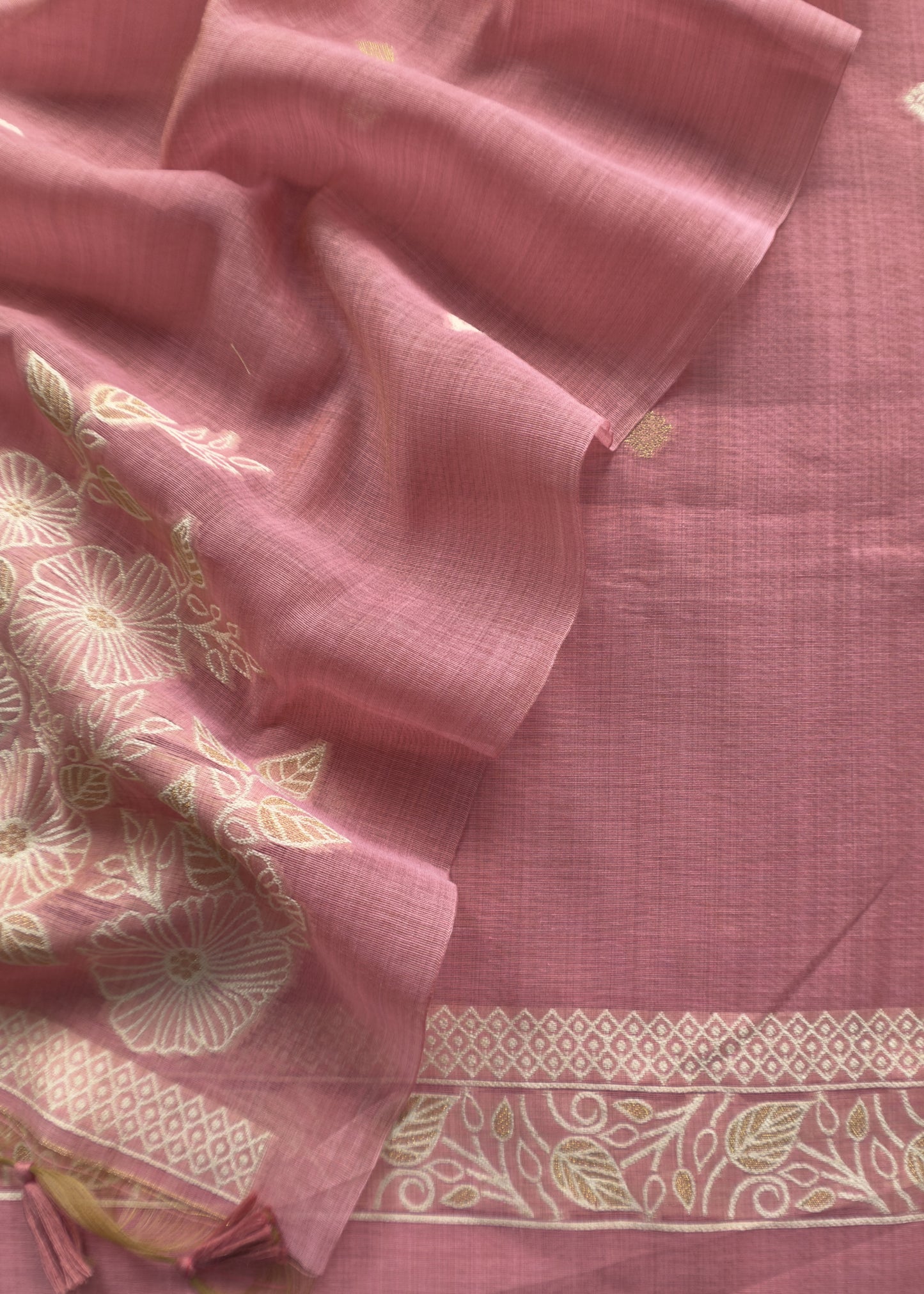 Salmon Pink Jamdani Weaved Suit Fabric In Linen Chanderi
