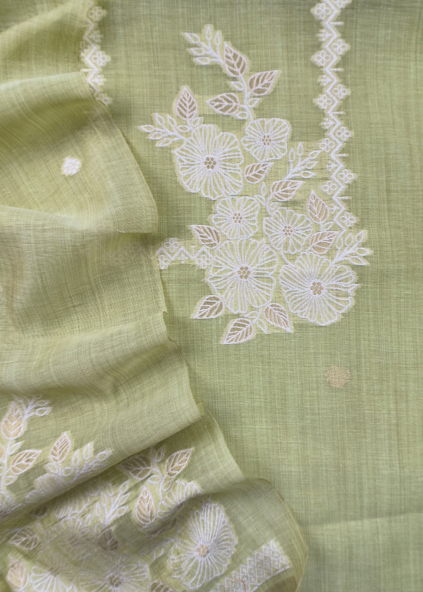 Light Green Jamdani Weaved Suit Fabric In Linen Chanderi