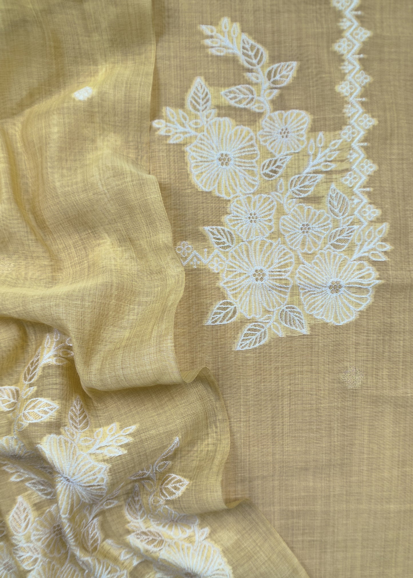Banana Yellow Jamdani Weaved Suit Fabric In Linen Chanderi
