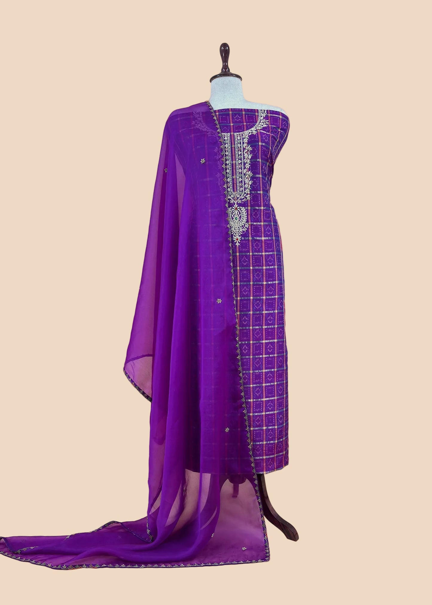 Mahalakshmi Pink Handloom Ikkat gold checks kurta and Organza dupatta with Jadau zardosi Antique zari Handwork