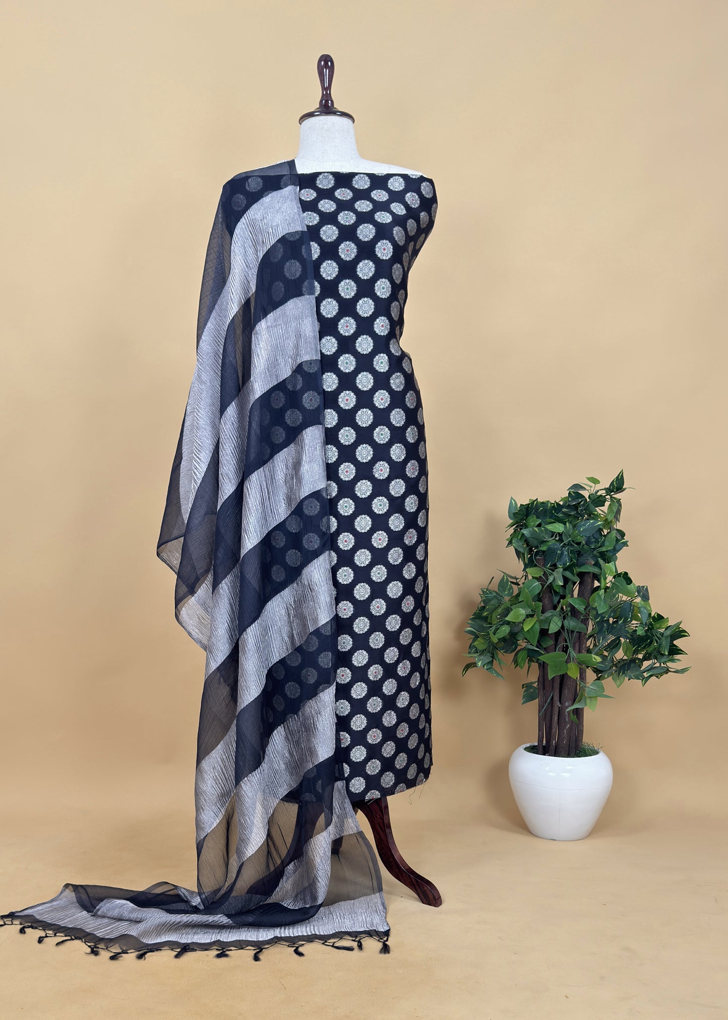 Coal Black Banarasi Silk Suit Fabric With Double Panel Tissue Silk Dupatta