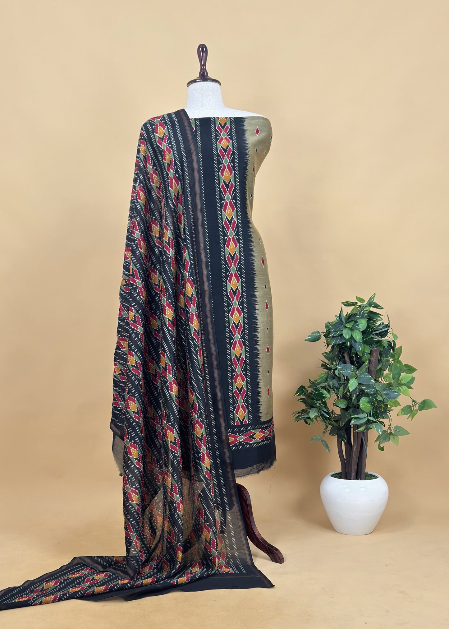 Green Red Patola Maheshwari Silk Unstitched Suit With Dupatta