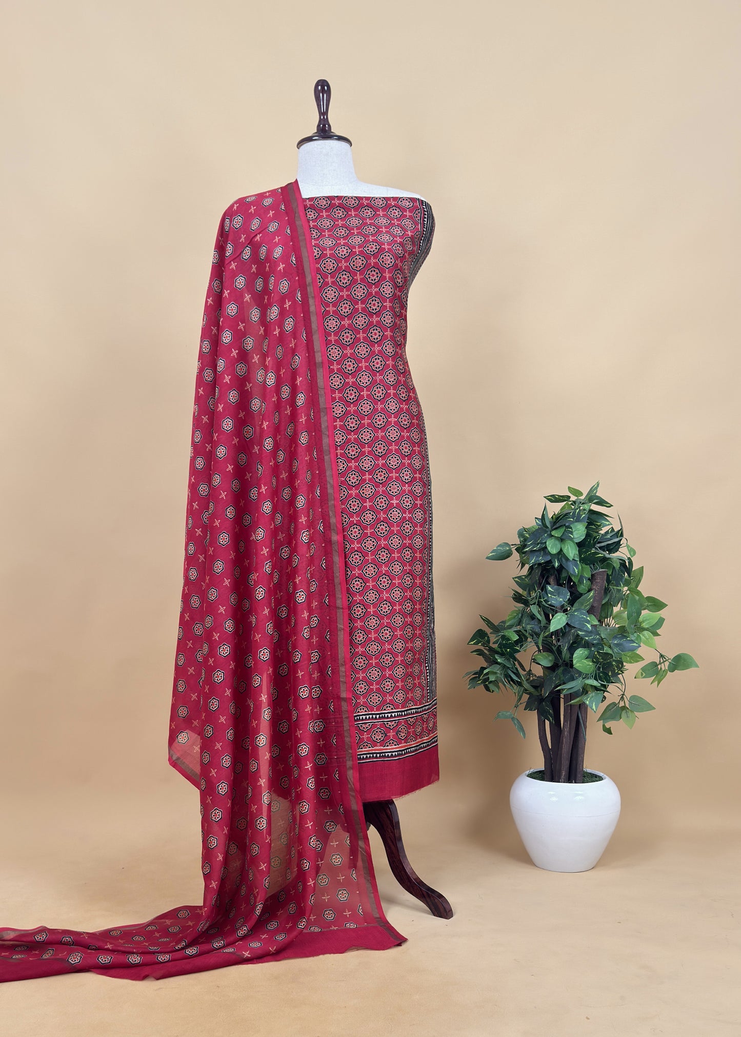 Yellow Ajrakh Mahehswari Silk Unstitched Suit With Dupatta