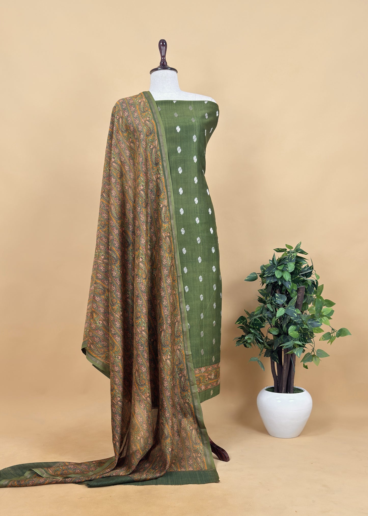 Orange Handloom Maheshwari Silk Unstitched Suit with Kalamkari Dupatta