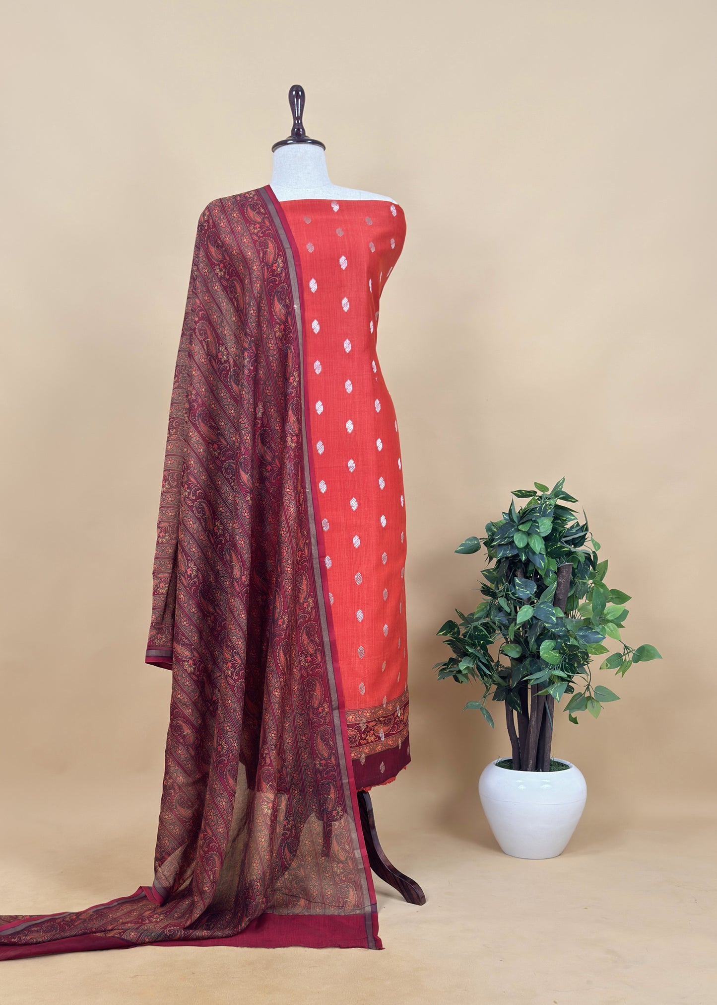Orange Handloom Maheshwari Silk Unstitched Suit with Kalamkari Dupatta