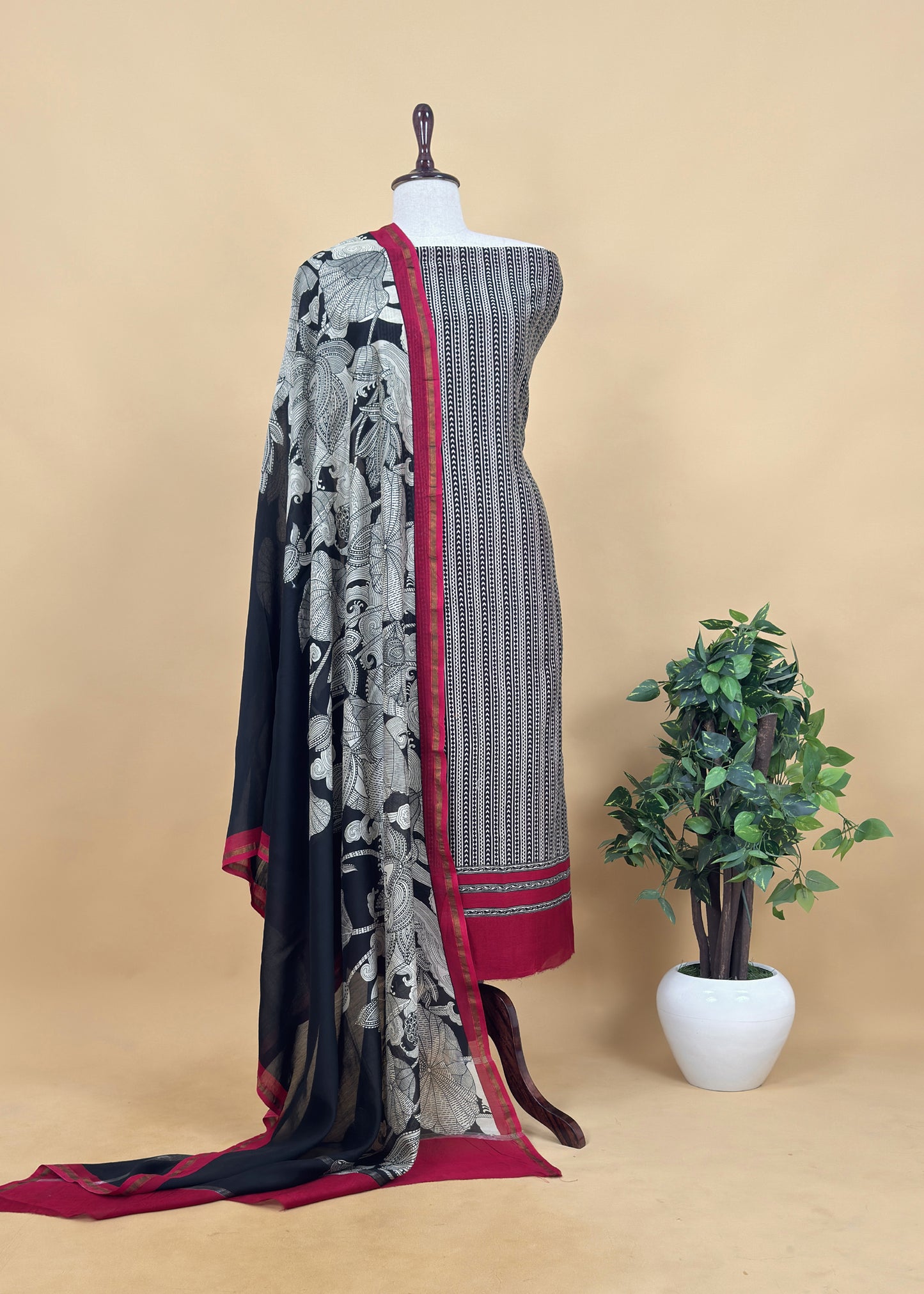 Green Block print Handloom Maheshwari Silk Suit fabric