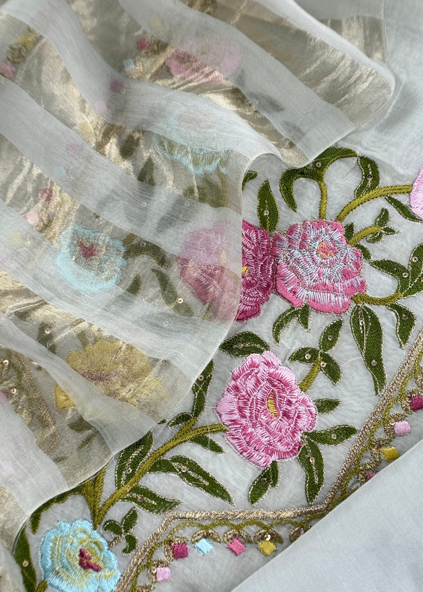 Soft Blue Pure Mulmul Kurta And Zari Panel Dupatta With Floral Embroidery