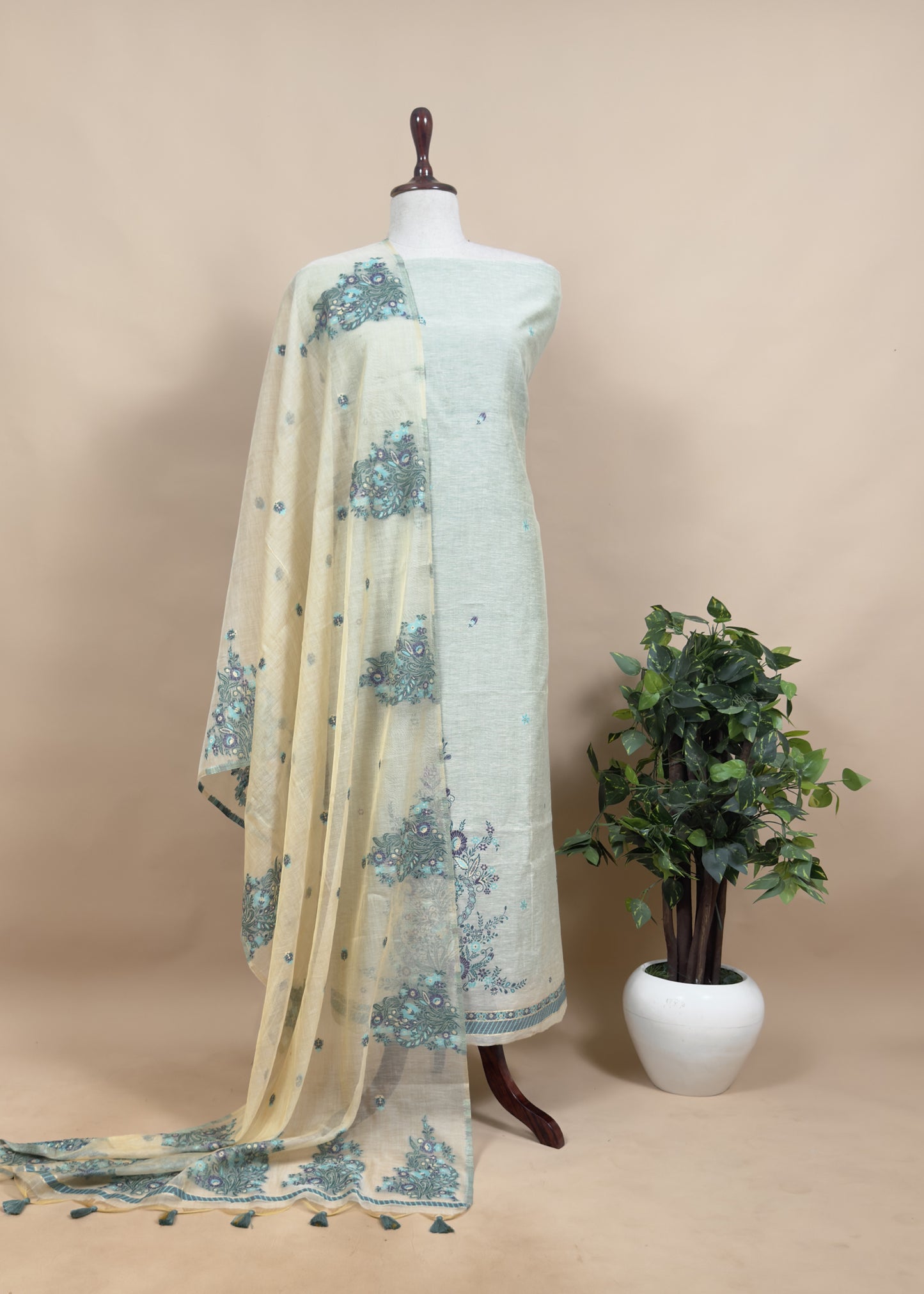 Off White With Purple Jamdani  Weaved Suit Fabric In Linen Chanderi