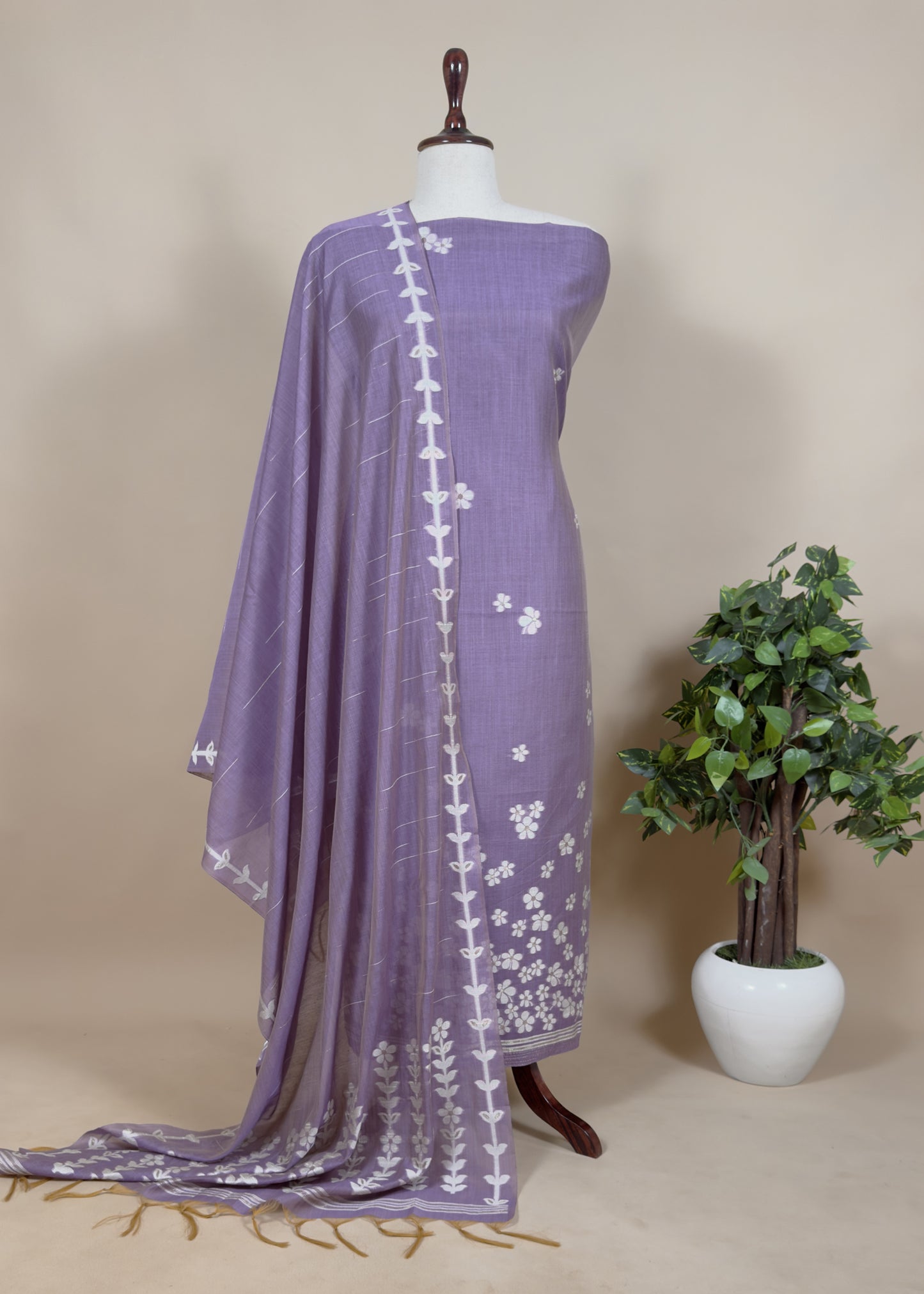 Yellow Jamdani Weaved Unstitched Suit In Chanderi