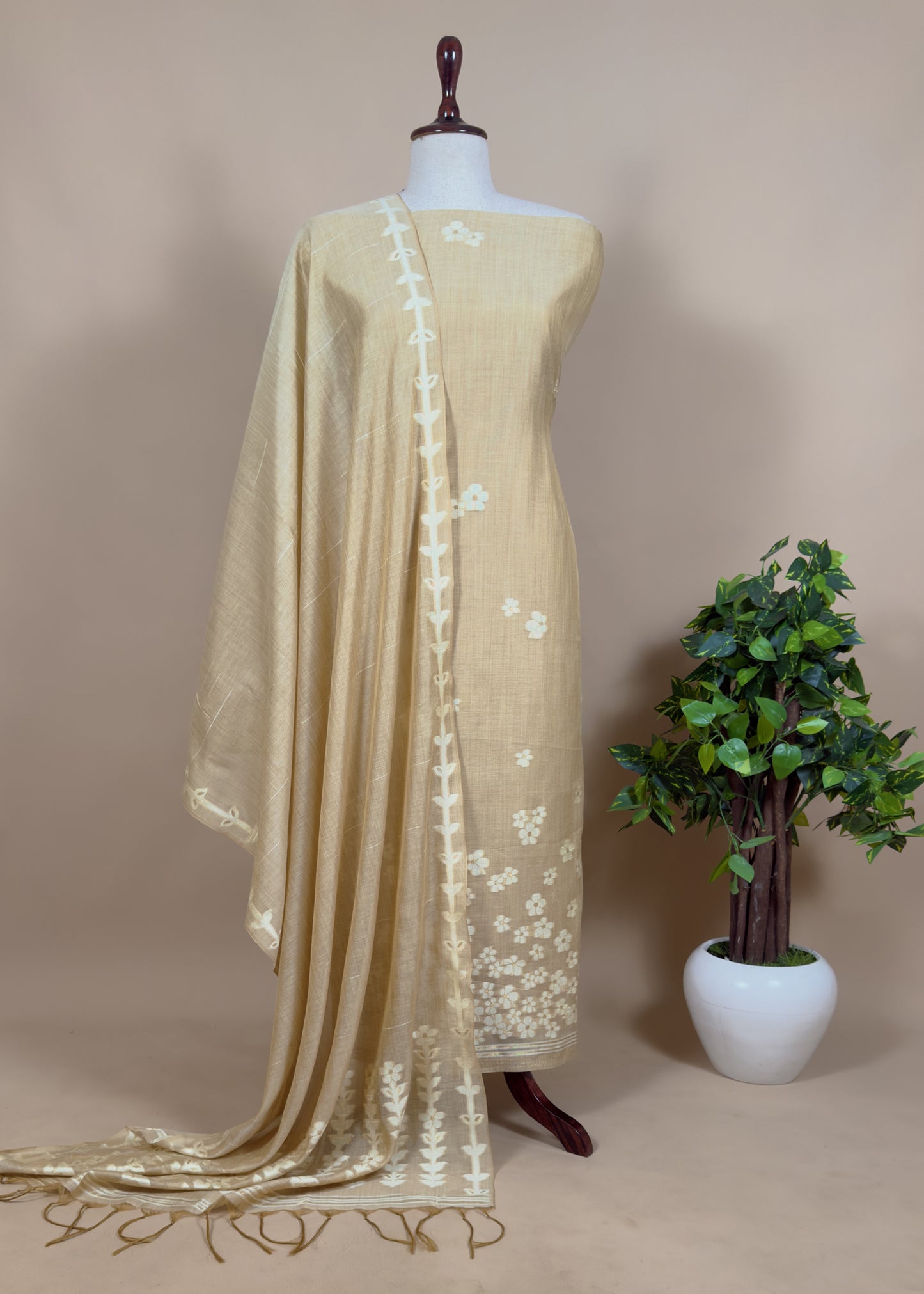 Yellow Jamdani Weaved Unstitched Suit In Chanderi
