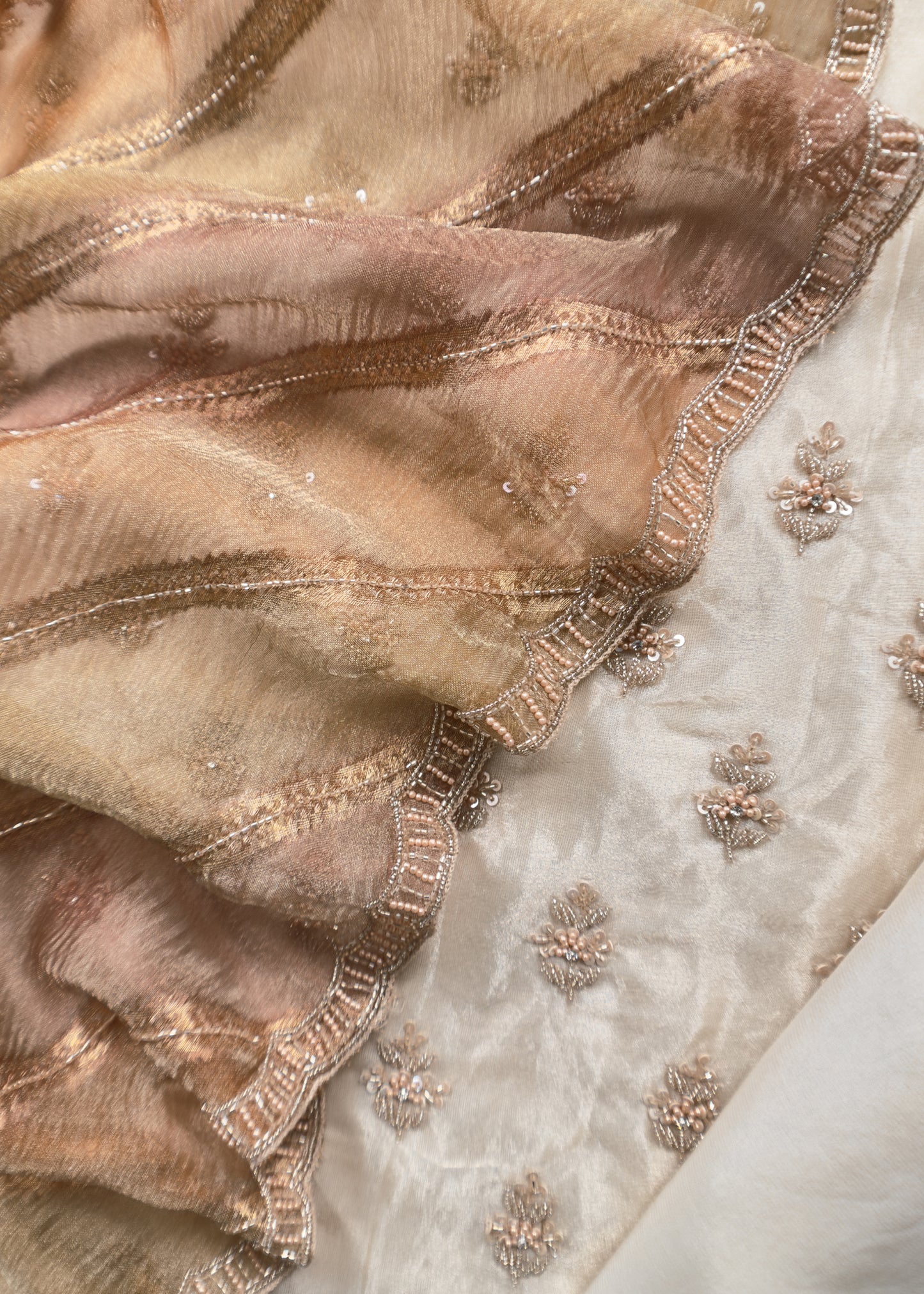 Off White Embroidered Crush Tissue Silk Suit