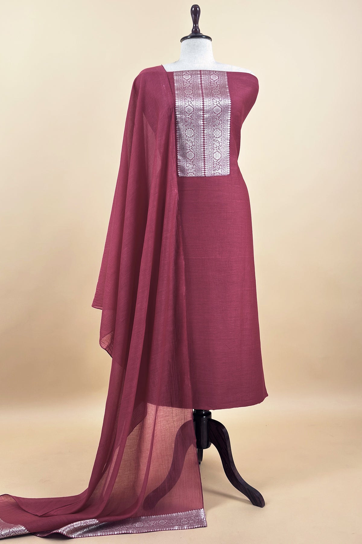 Maroon Handloom Varanasi Mulmul Kurta And mulmul Dupatta With Kadwa Weaving
