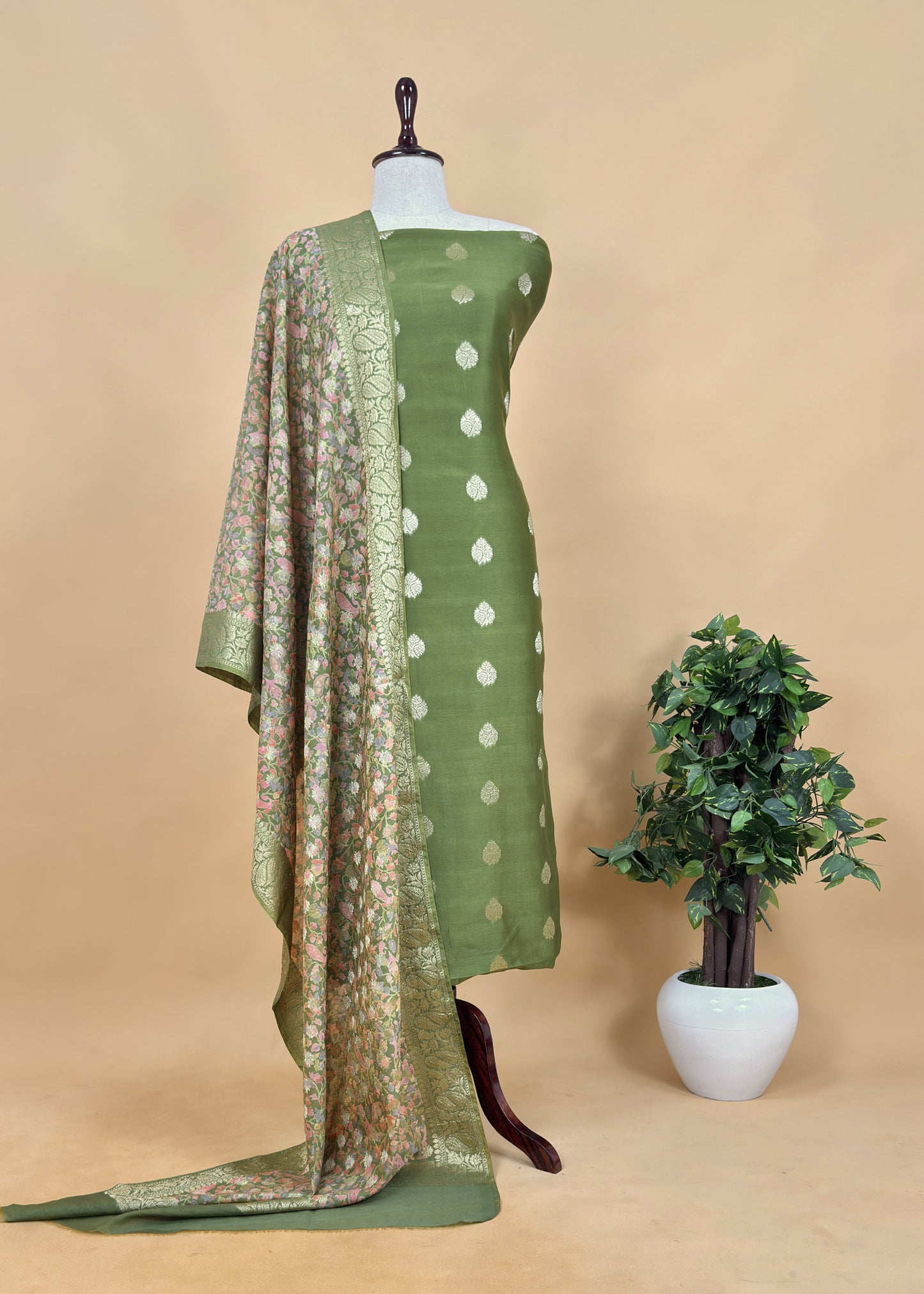 Orange Banarasi Suit With Kalamkari Dupatta