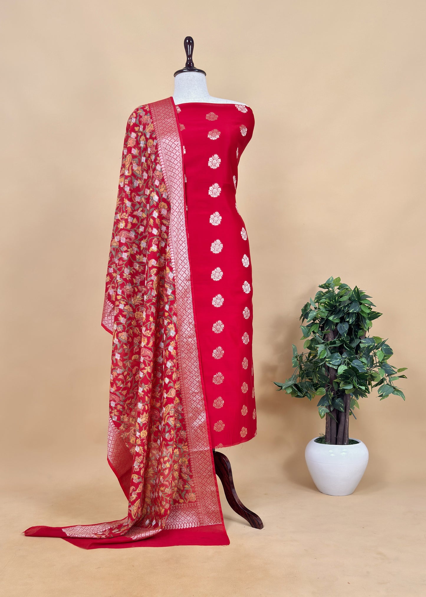 Orange Banarasi Suit With Kalamkari Dupatta