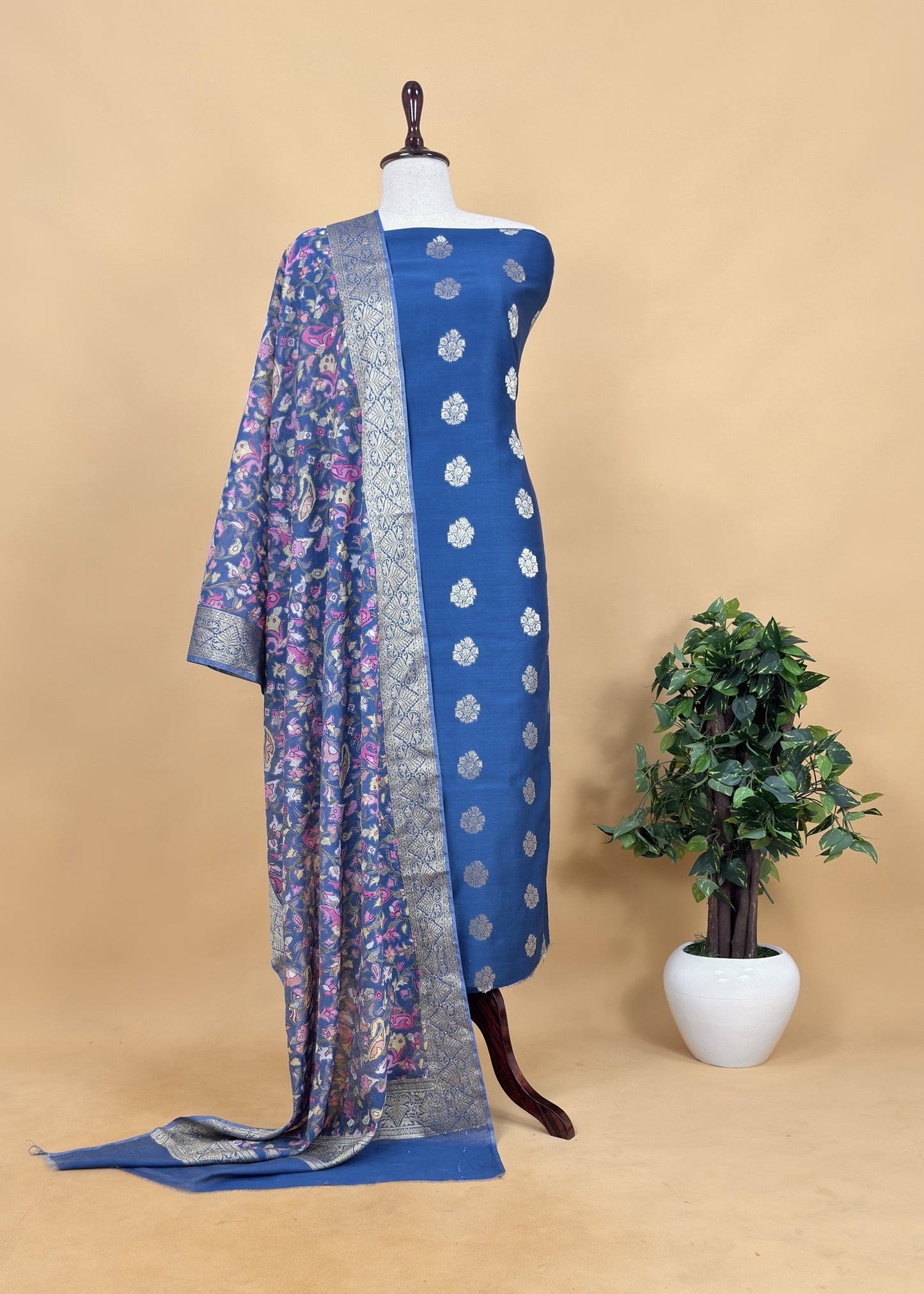 Orange Banarasi Suit With Kalamkari Dupatta