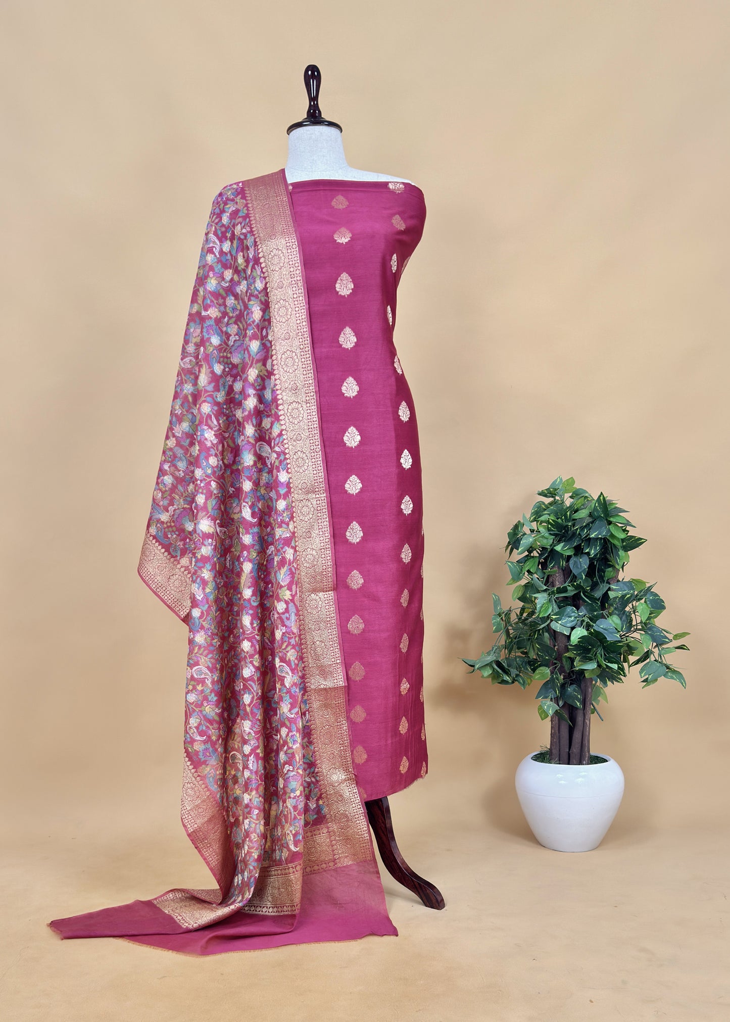 Orange Banarasi Suit With Kalamkari Dupatta