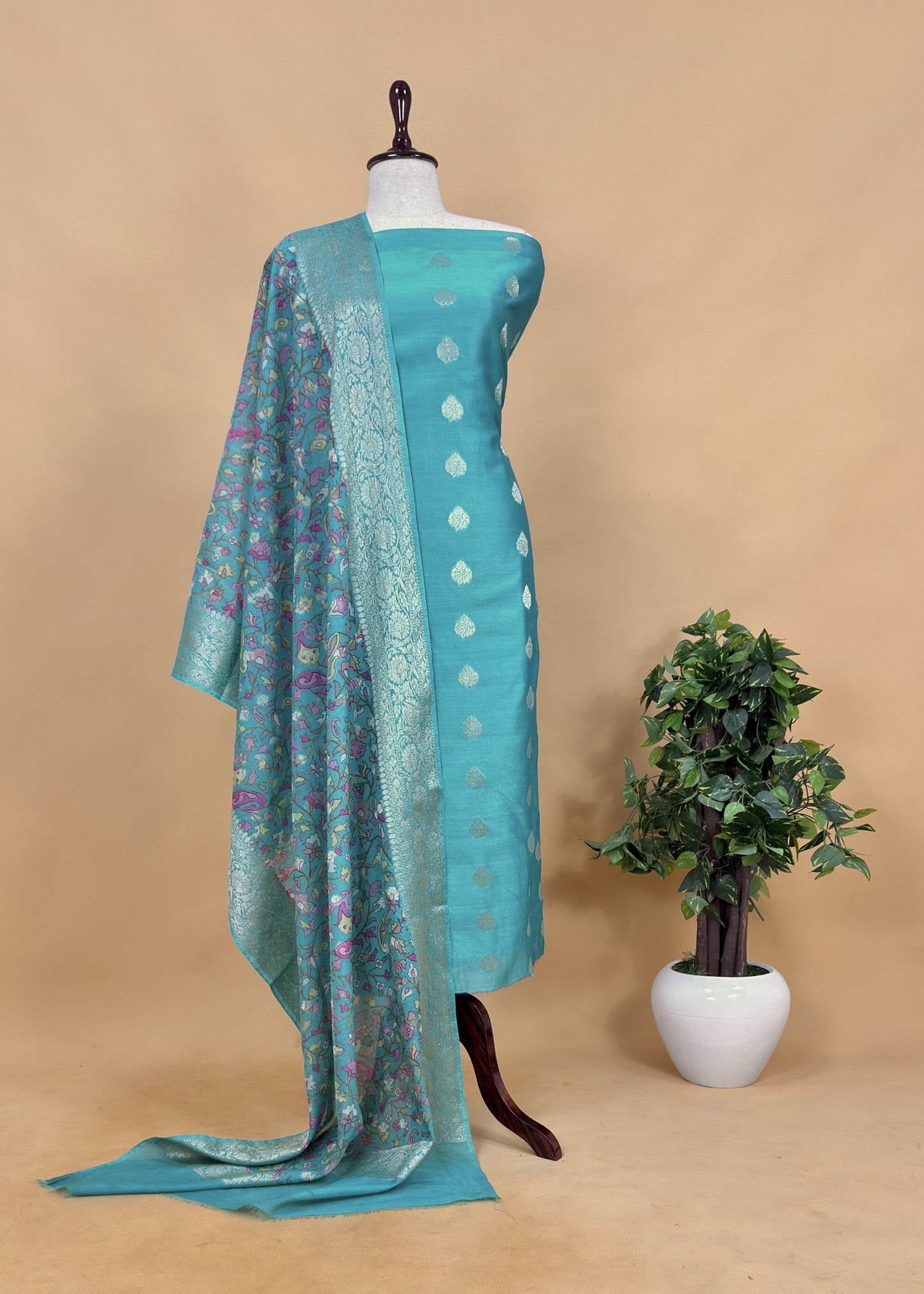 Orange Banarasi Suit With Kalamkari Dupatta