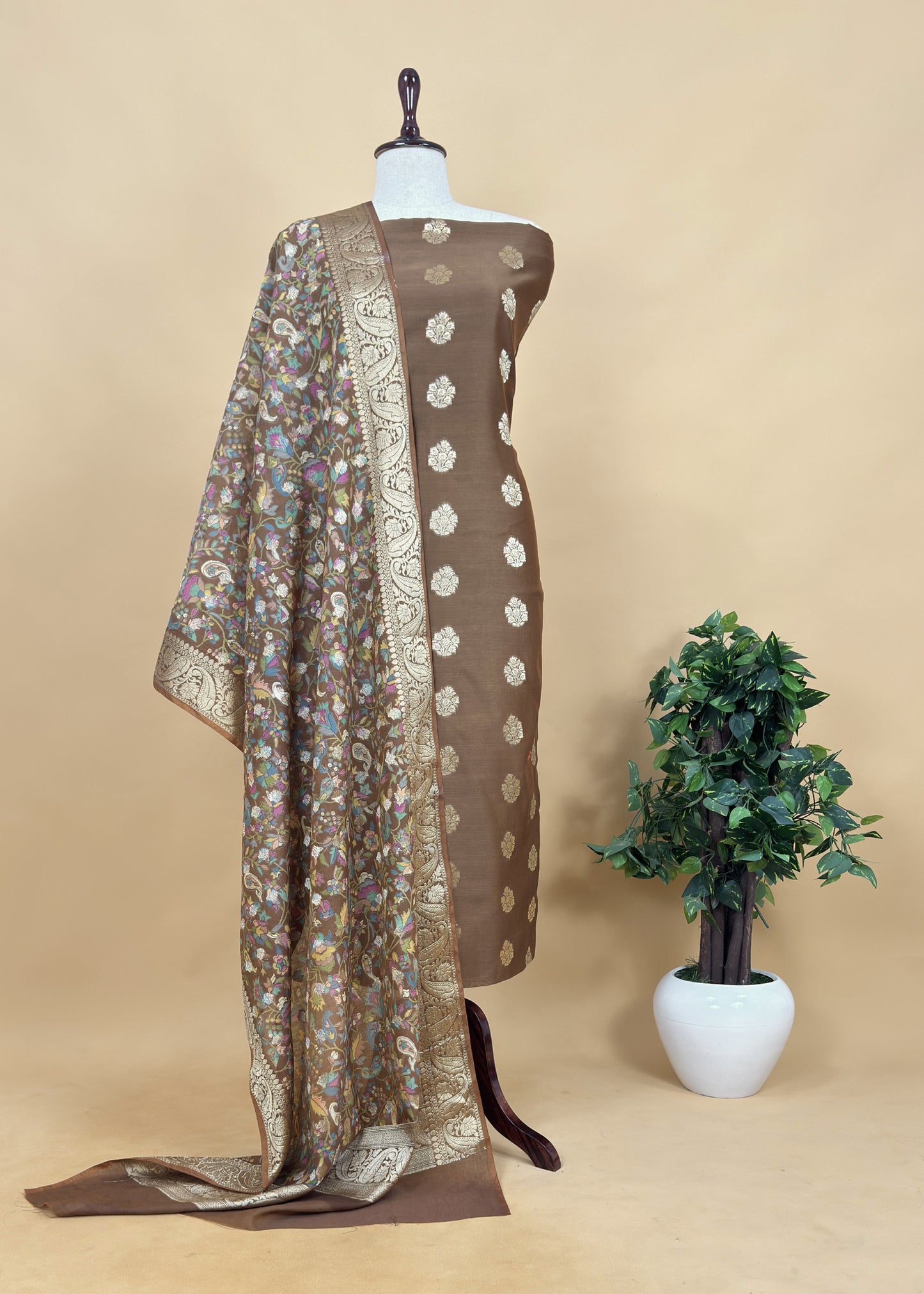 Orange Banarasi Suit With Kalamkari Dupatta